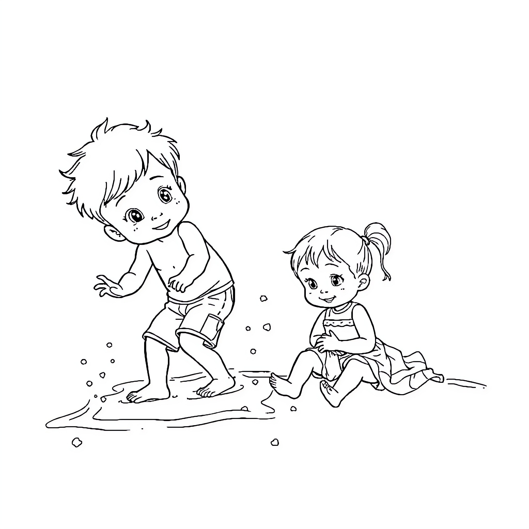 Boy and girl playing happily in the mud Coloring Page (free black-and-white line drawing printable PDF for all, from beginners to advanced learners, including children, teens, adults, and seniors)