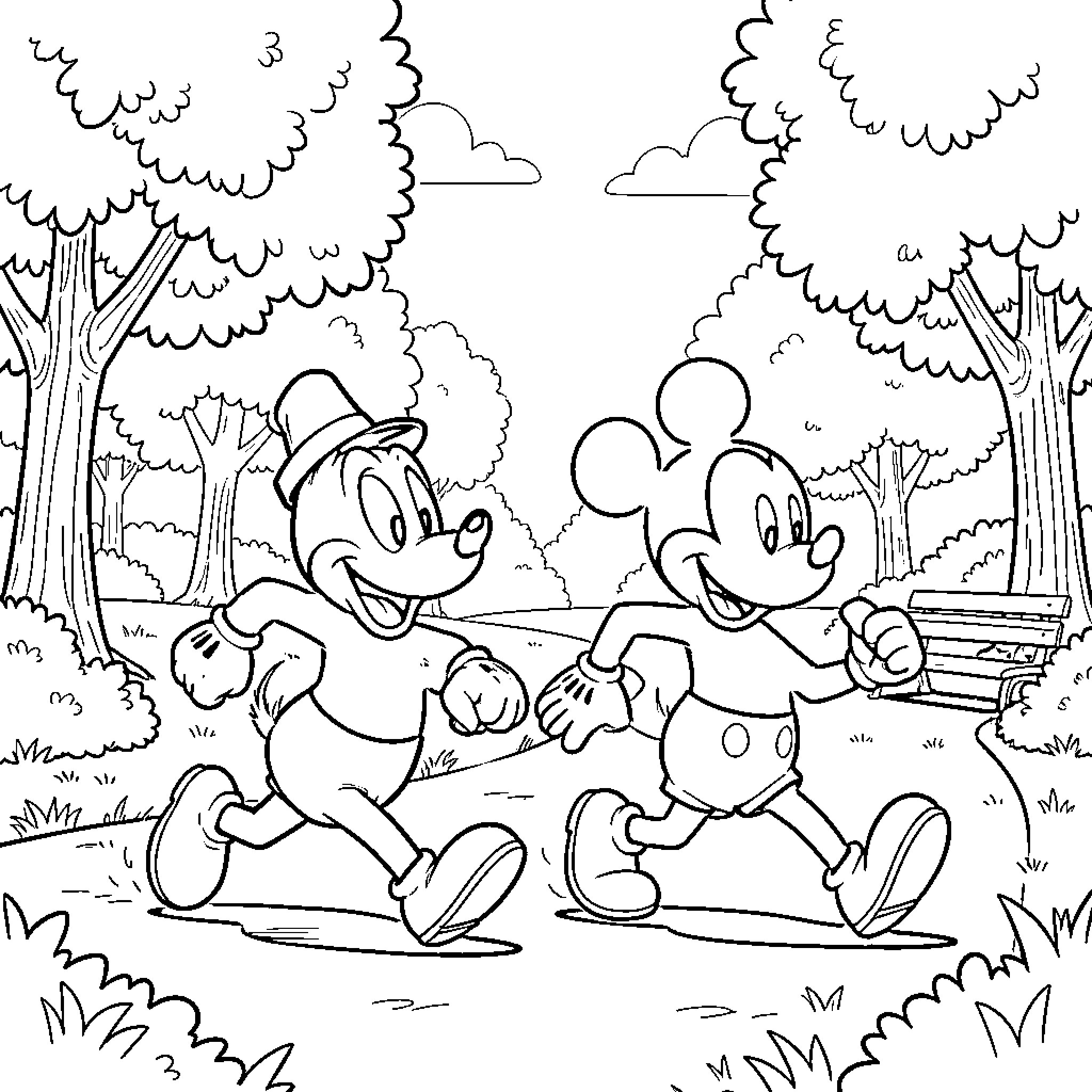 Donald Duck and Mickey Mouse running through a forest Coloring Page (free black-and-white line drawing printable PDF for all, from beginners to advanced learners, including children, teens, adults, and seniors)