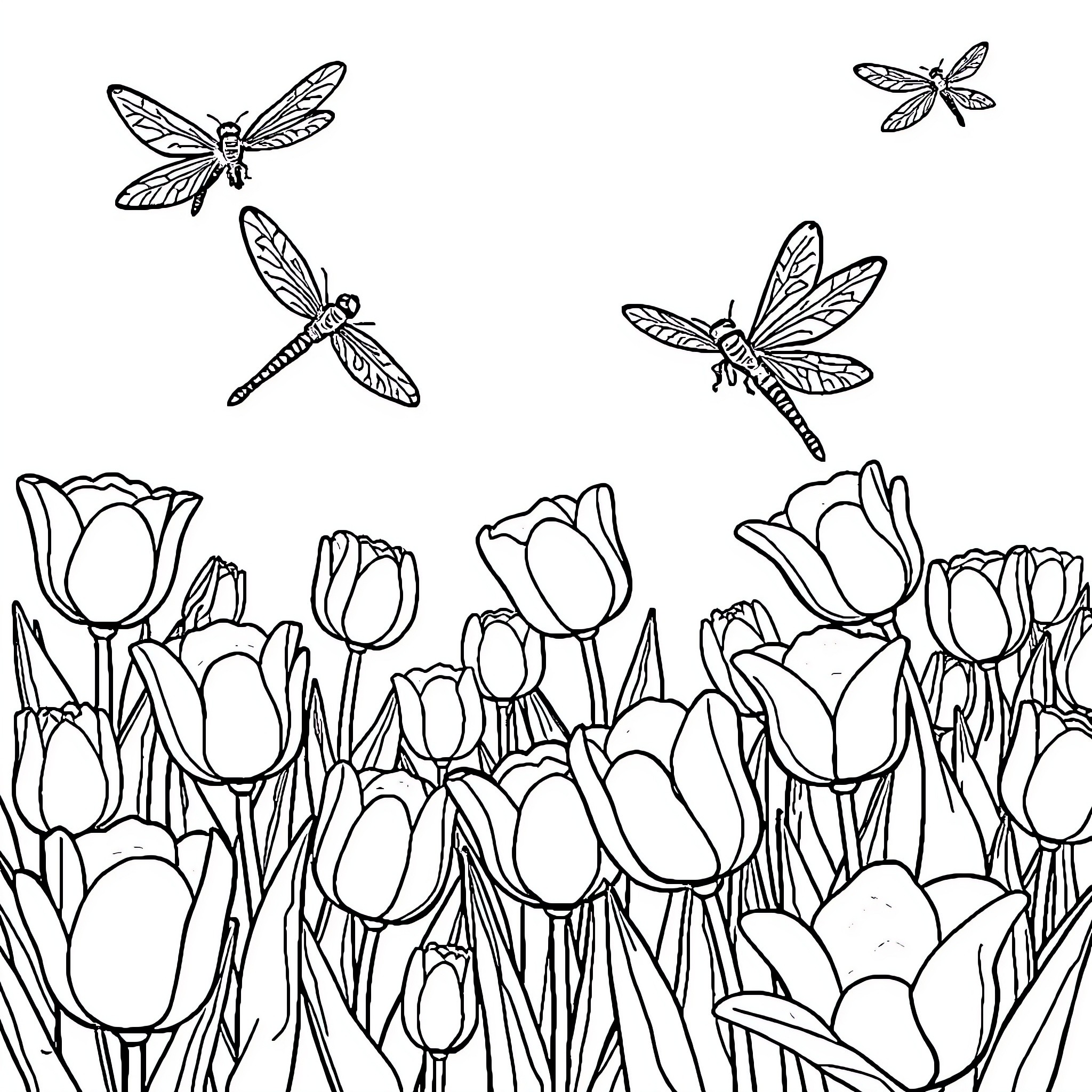 Dragonflies soaring above a field of tulips Coloring Page (free black-and-white line drawing printable PDF for all, from beginners to advanced learners, including children, teens, adults, and seniors)
