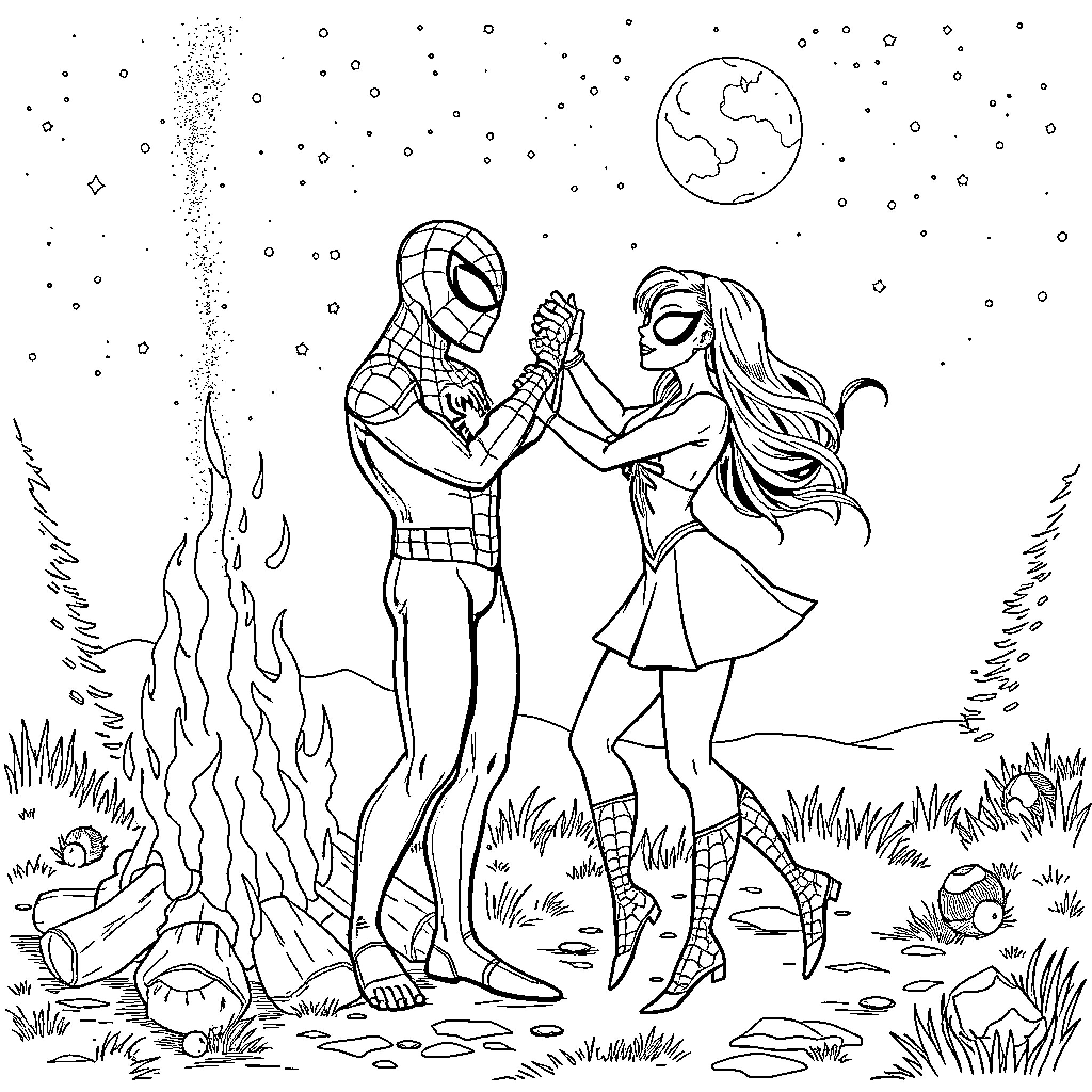Spider superhero couple embracing under starry night Coloring Page (free black-and-white line drawing printable PDF for all, from beginners to advanced learners, including children, teens, adults, and seniors)
