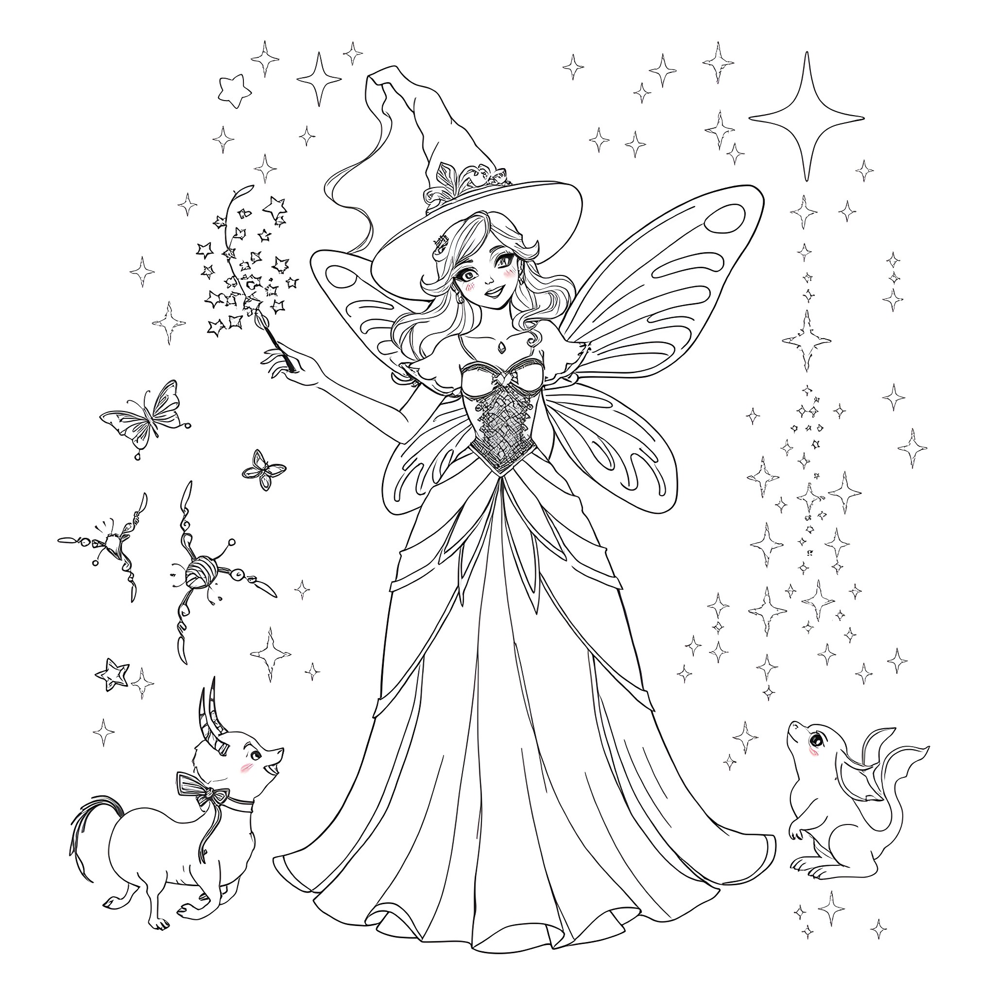 Fairy Godmother casting spells with magical creatures Coloring Page (free black-and-white line drawing printable PDF for all, from beginners to advanced learners, including children, teens, adults, and seniors)