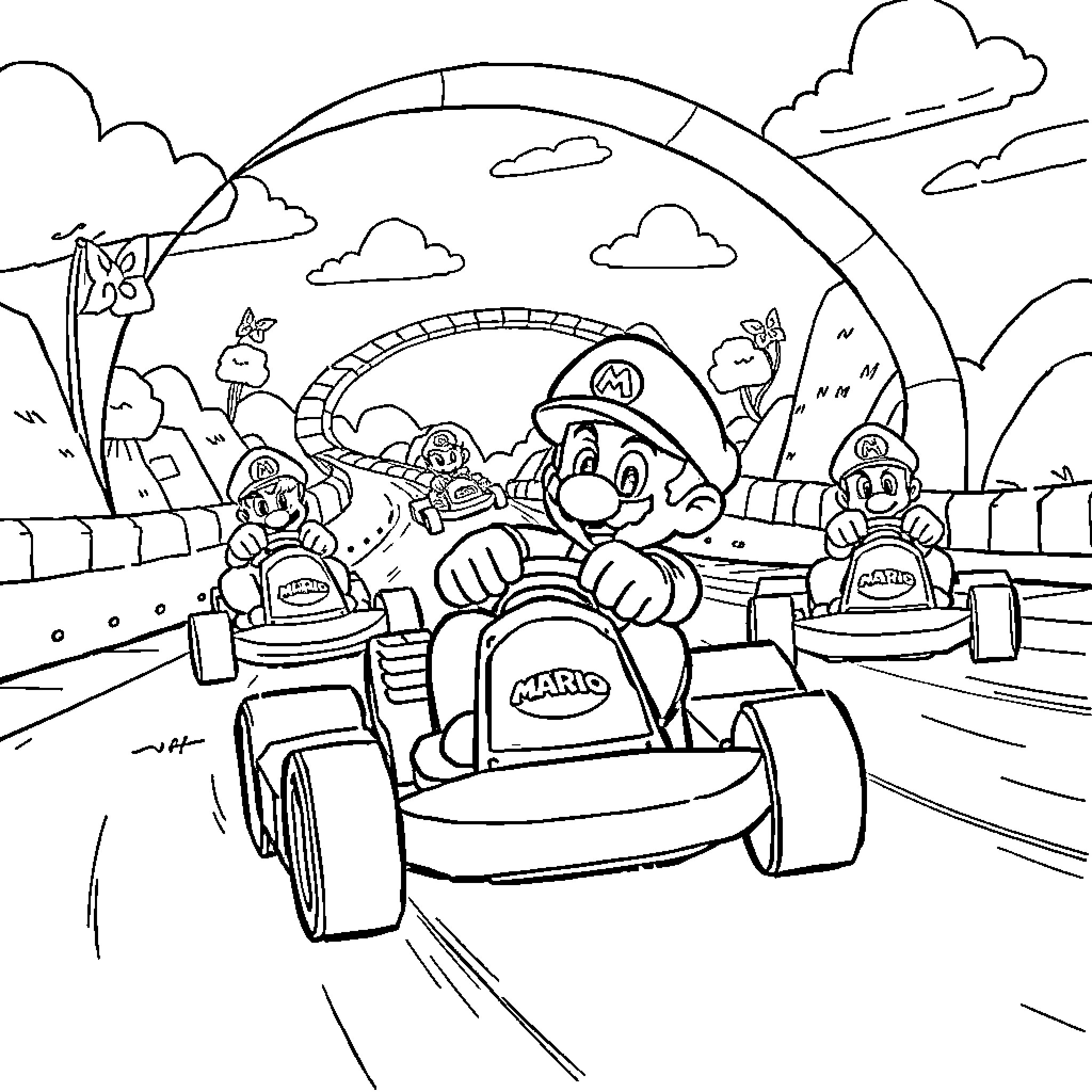 Mario Kart characters racing on a track with clouds and clouds Coloring Page (free black-and-white line drawing printable PDF for all, from beginners to advanced learners, including children, teens, adults, and seniors)