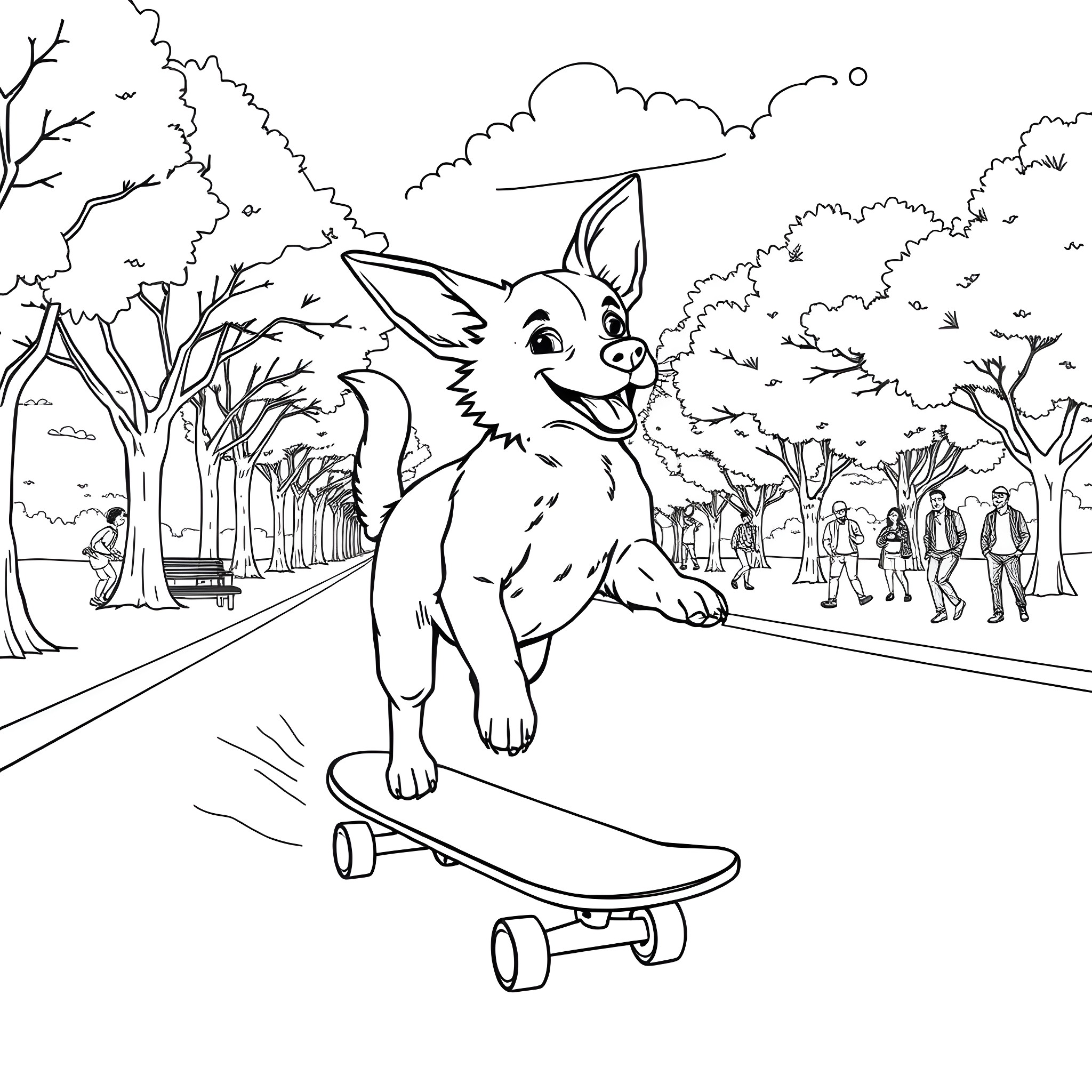 Dog riding a skateboard in the park Coloring Page (free black-and-white line drawing printable PDF for all, from beginners to advanced learners, including children, teens, adults, and seniors)