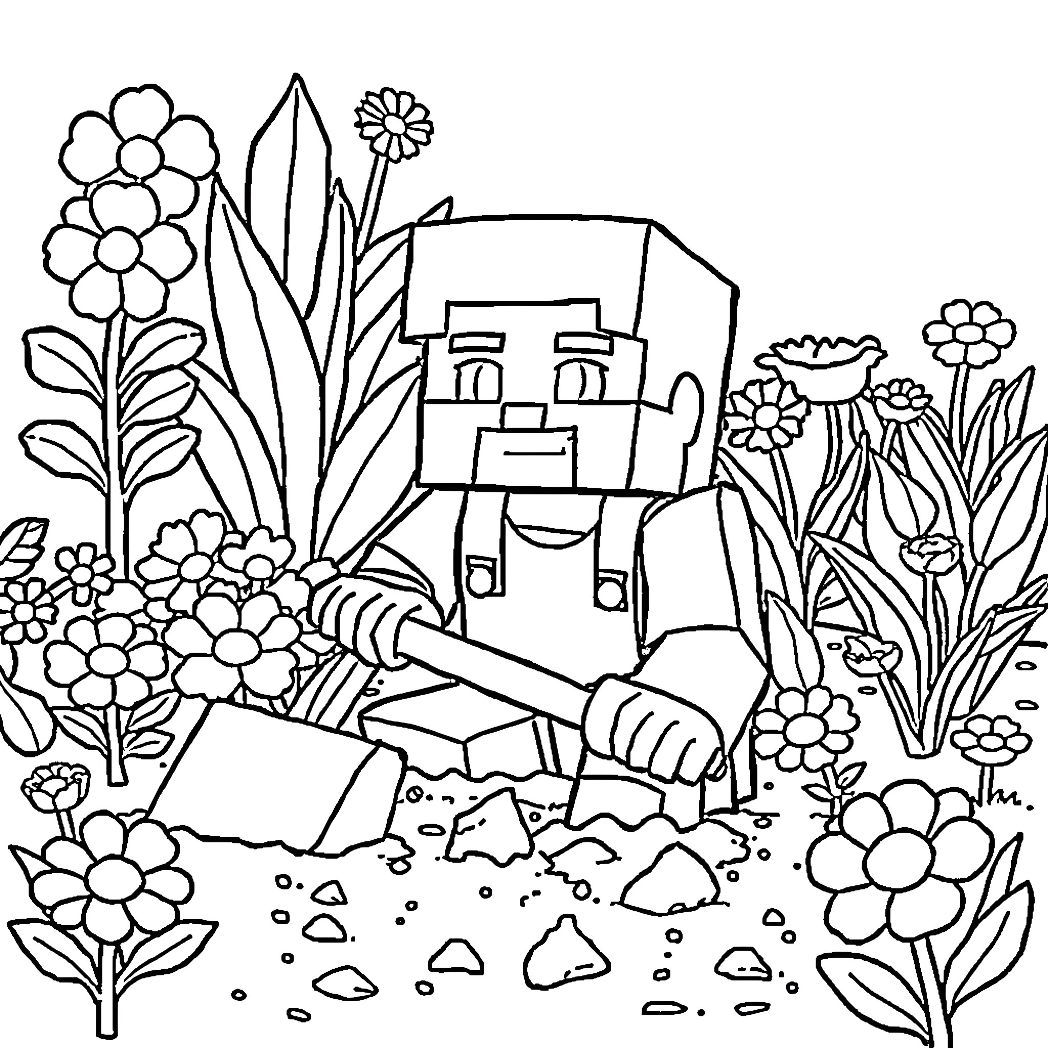 Minecraft Steve exploring a flower-filled landscape Coloring Page (free black-and-white line drawing printable PDF for all, from beginners to advanced learners, including children, teens, adults, and seniors)