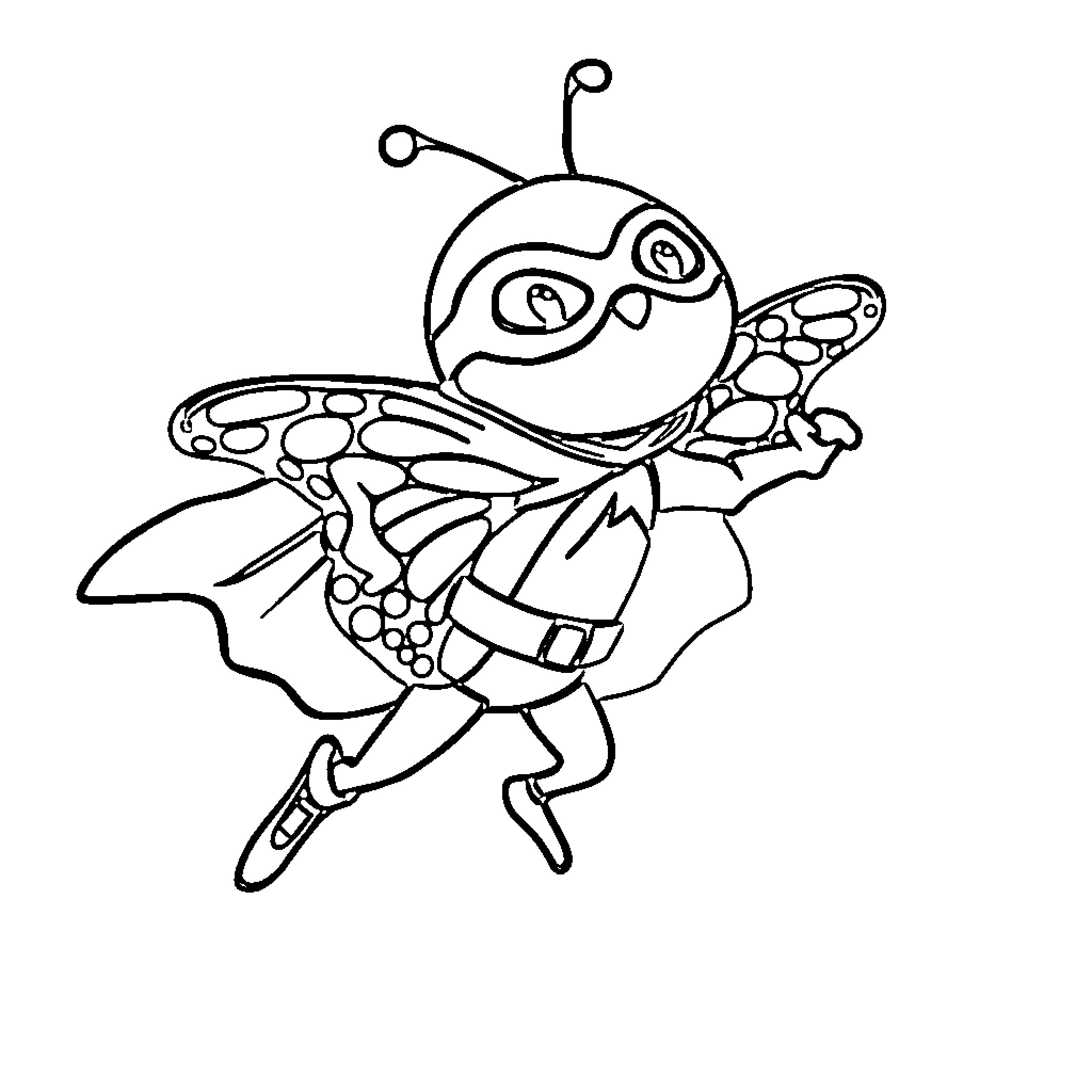 Butterfly superhero in action pose Coloring Page (free black-and-white line drawing printable PDF for all, from beginners to advanced learners, including children, teens, adults, and seniors)