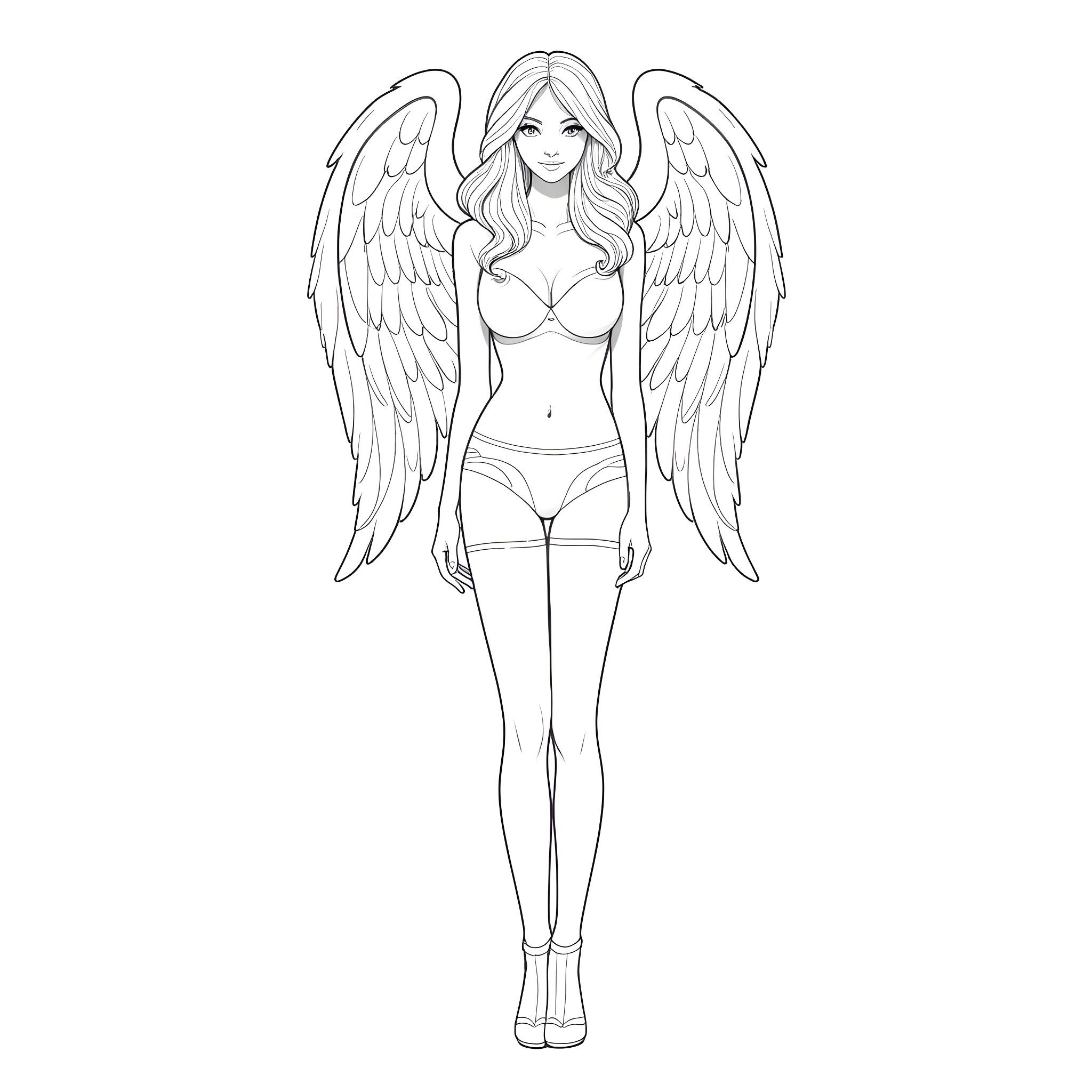 Angel with Flowing Wings and Graceful Pose Coloring Page (free black-and-white line drawing printable PDF for all, from beginners to advanced learners, including children, teens, adults, and seniors)