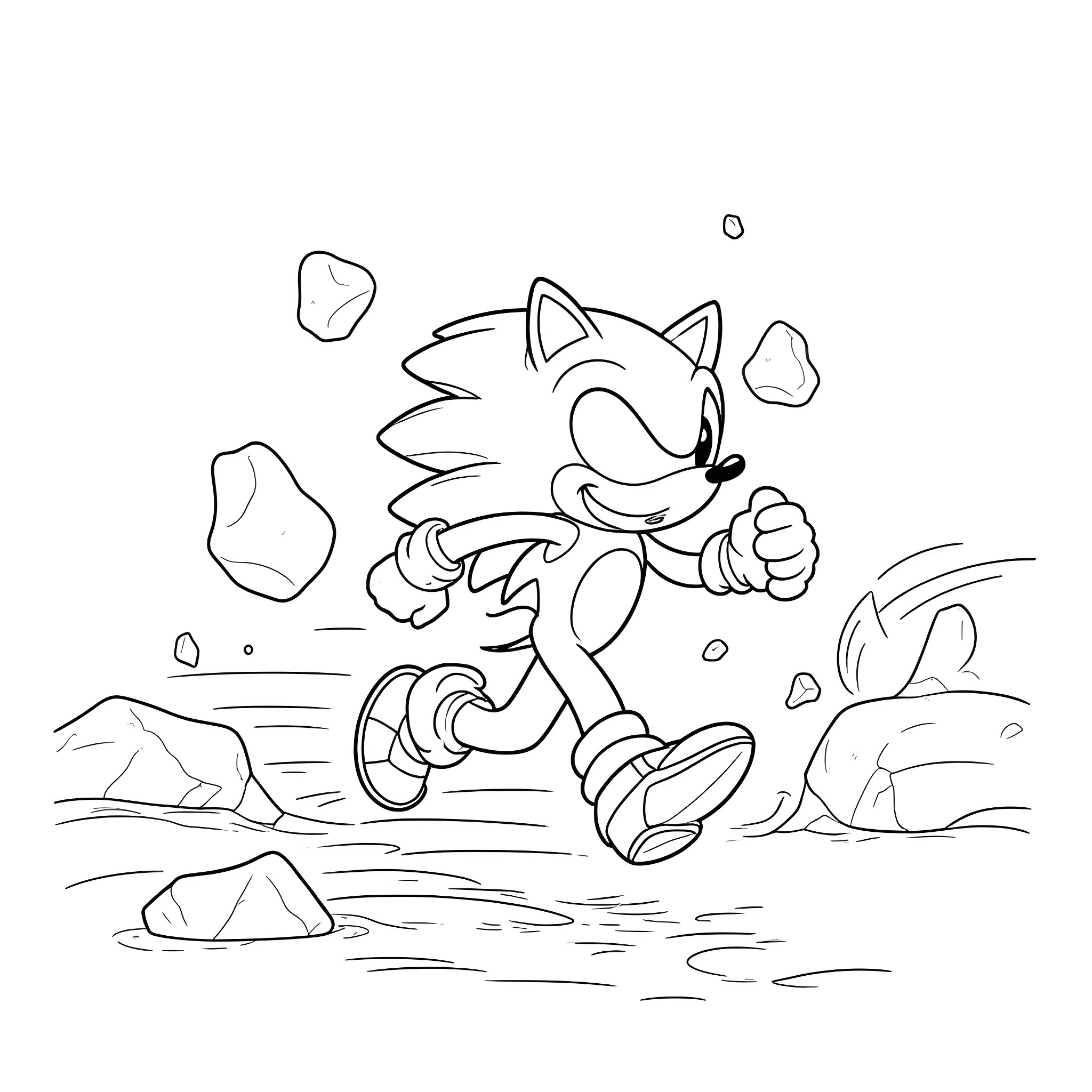 Sonic dashing through a rocky terrain Coloring Page (free black-and-white line drawing printable PDF for all, from beginners to advanced learners, including children, teens, adults, and seniors)