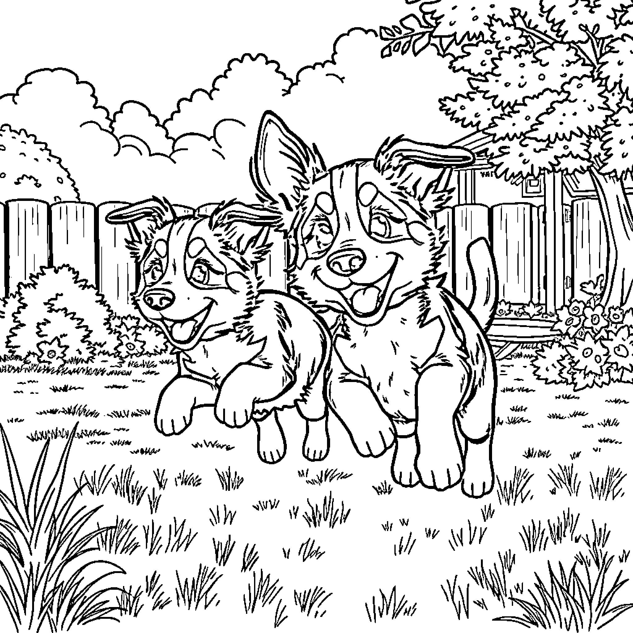 Bluey and Friends Explore the Backyard Coloring Page (free black-and-white line drawing printable PDF for all, from beginners to advanced learners, including children, teens, adults, and seniors)