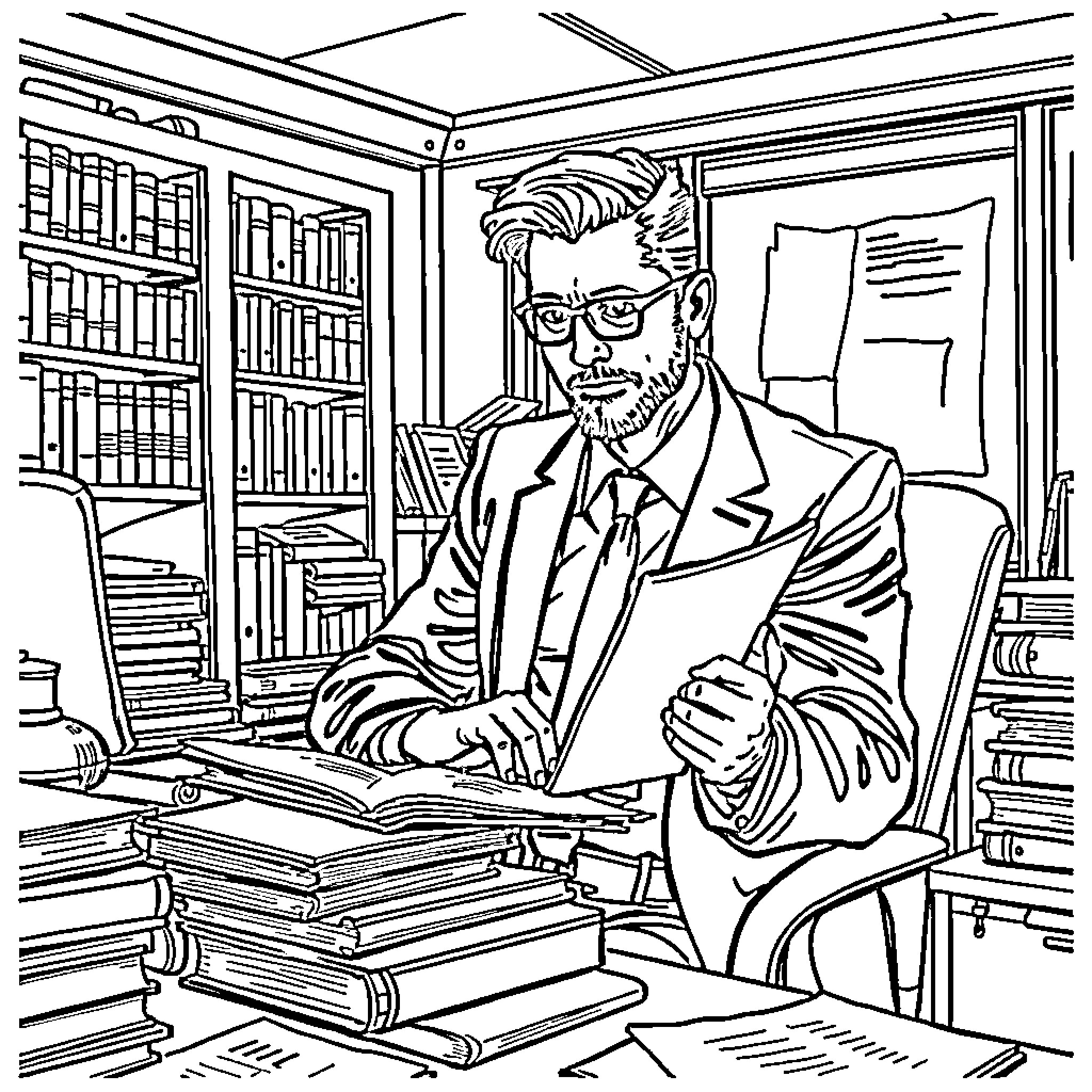 Lawyer working diligently in a law library Coloring Page (free black-and-white line drawing printable PDF for all, from beginners to advanced learners, including children, teens, adults, and seniors)