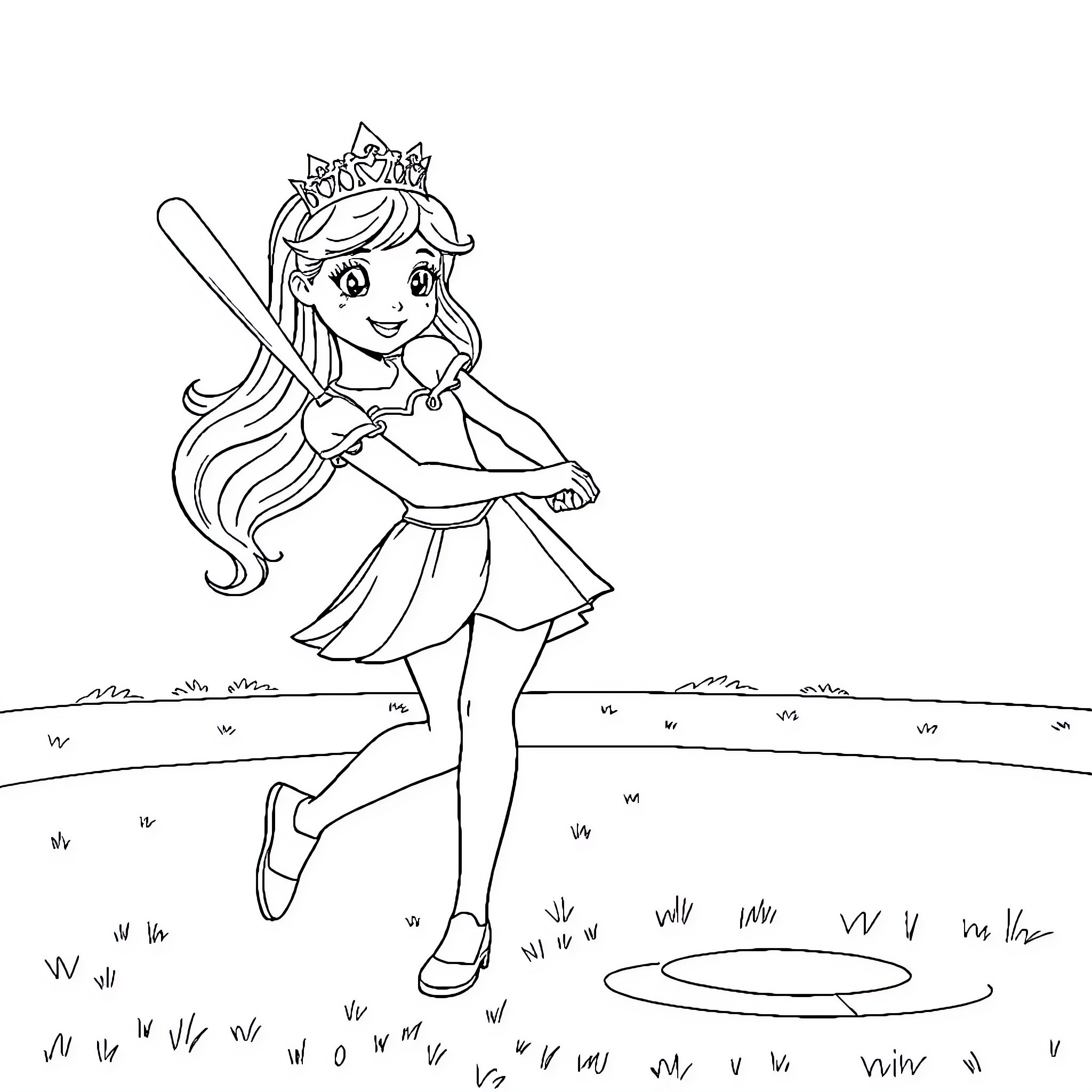 Princess enjoying a carefree walk in the park Coloring Page (free black-and-white line drawing printable PDF for all, from beginners to advanced learners, including children, teens, adults, and seniors)