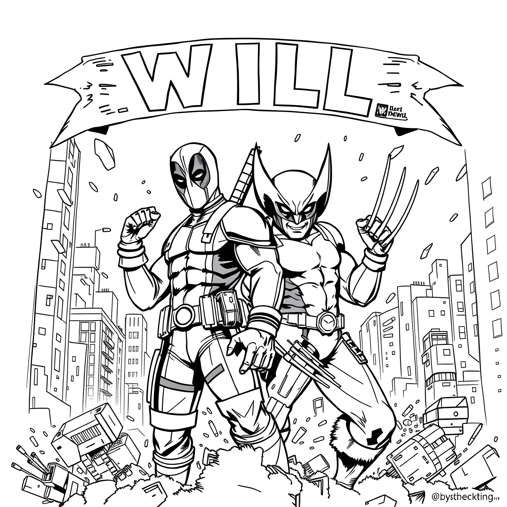 Deadpool and Wolverine in action-packed city scene Coloring Page (free black-and-white line drawing printable PDF for all, from beginners to advanced learners, including children, teens, adults, and seniors)