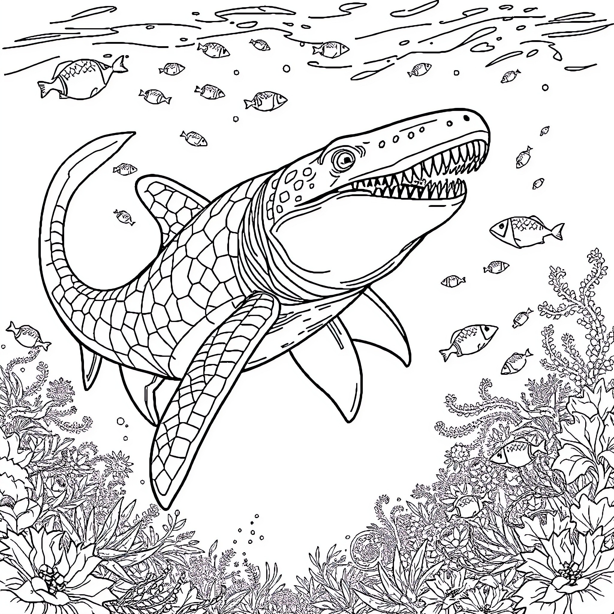 Mosasaurus hunting in the underwater reef Coloring Page (free black-and-white line drawing printable PDF for all, from beginners to advanced learners, including children, teens, adults, and seniors)