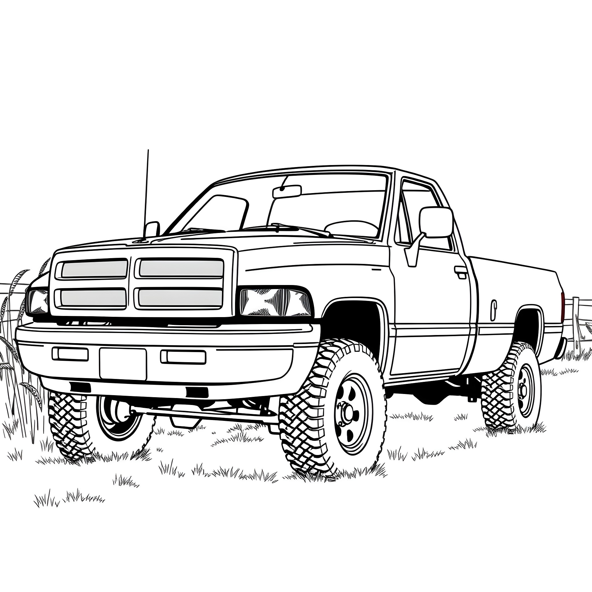 Ram truck in outdoor scene Coloring Page (free black-and-white line drawing printable PDF for all, from beginners to advanced learners, including children, teens, adults, and seniors)