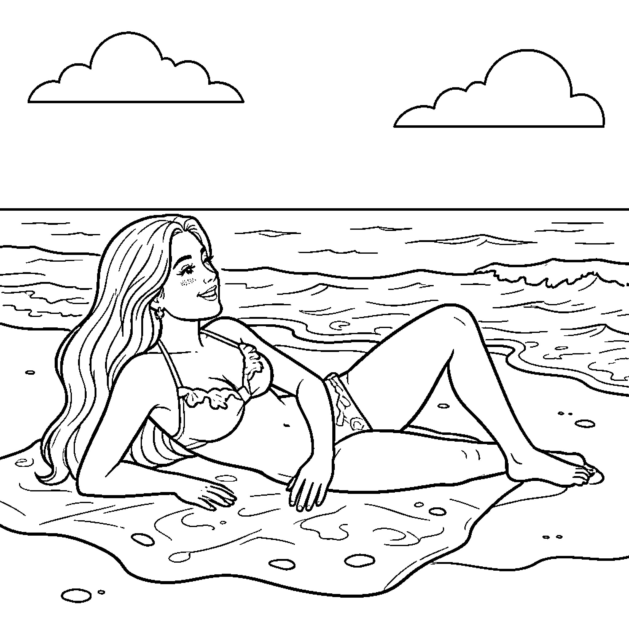 Woman relaxing on a beach by the ocean Coloring Page (free black-and-white line drawing printable PDF for all, from beginners to advanced learners, including children, teens, adults, and seniors)