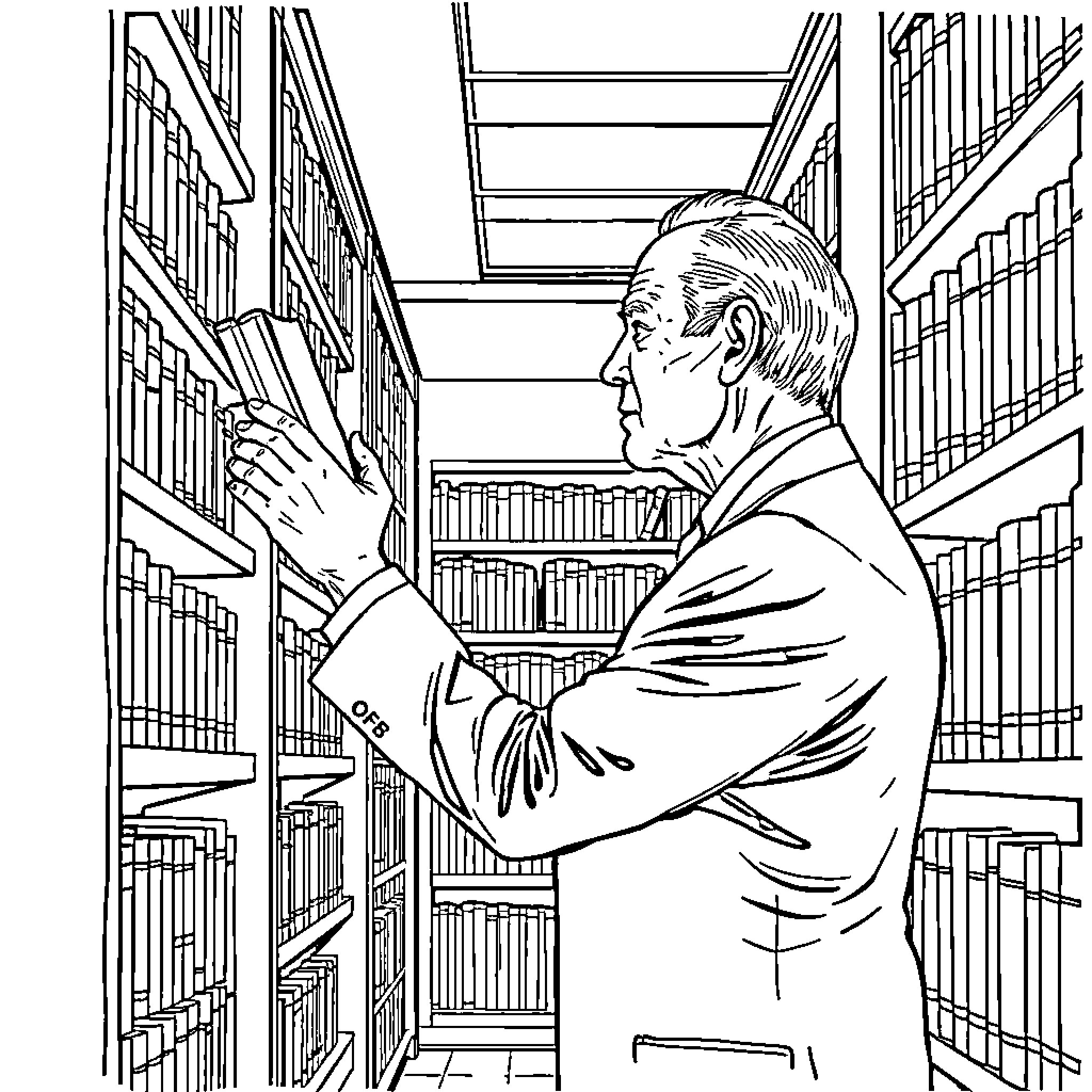 Joe Biden Browsing Library Bookshelves Coloring Page (free black-and-white line drawing printable PDF for all, from beginners to advanced learners, including children, teens, adults, and seniors)