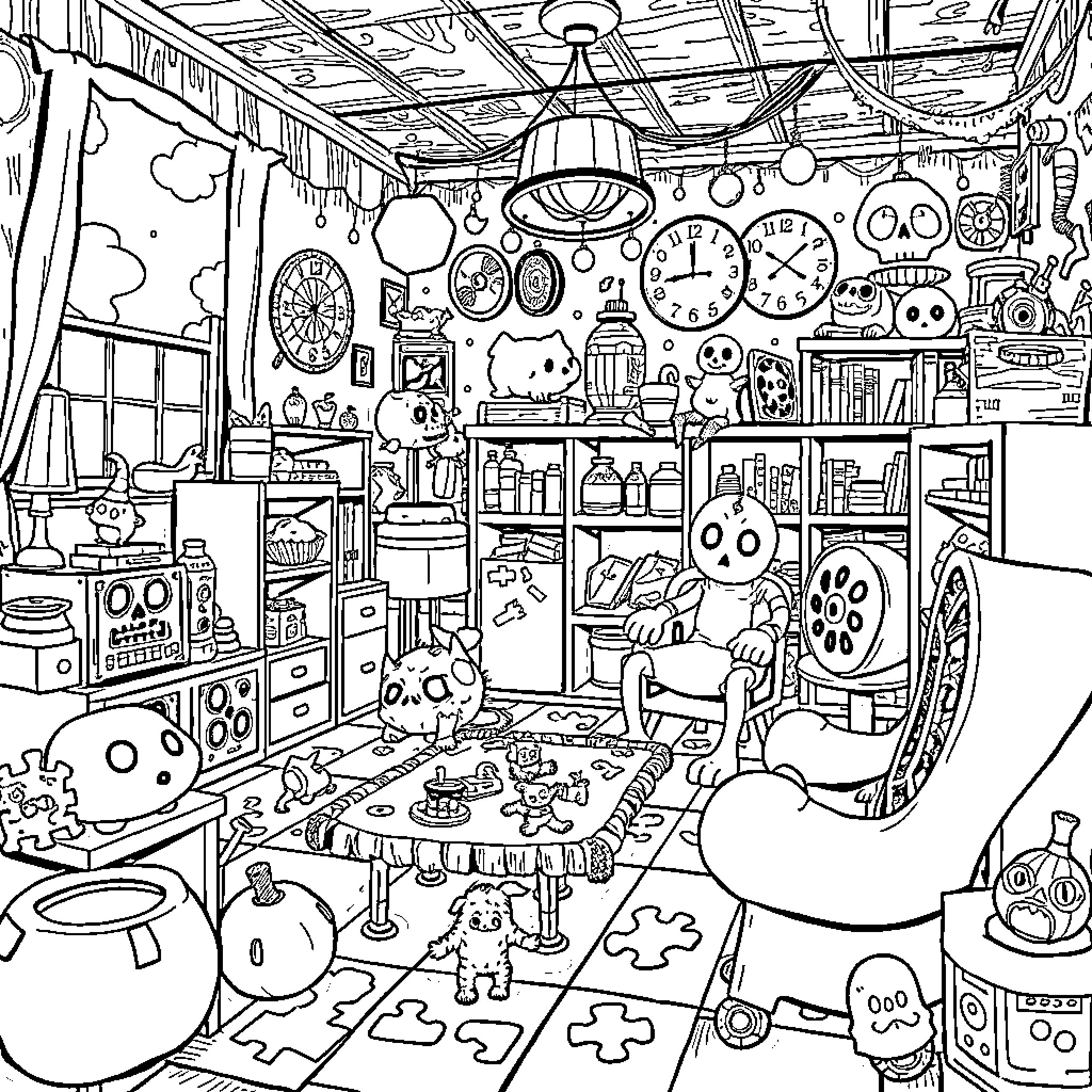 Poppy's Whimsical Workspace Coloring Page (free black-and-white line drawing printable PDF for all, from beginners to advanced learners, including children, teens, adults, and seniors)
