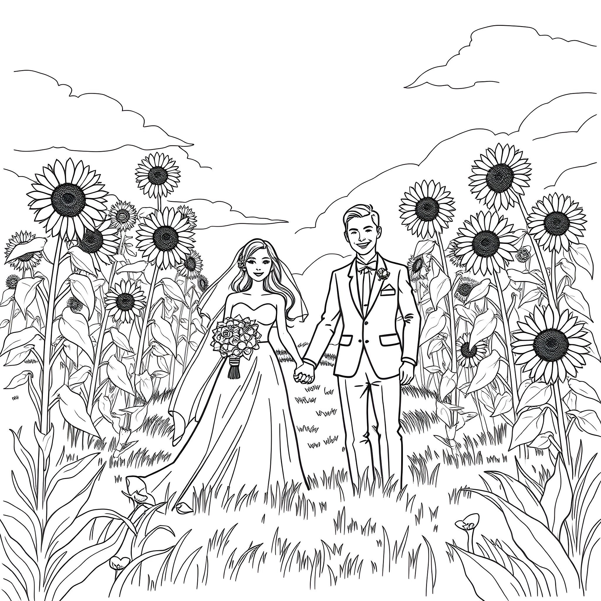 Bride and Groom in a Sunflower Field Coloring Page (free black-and-white line drawing printable PDF for all, from beginners to advanced learners, including children, teens, adults, and seniors)