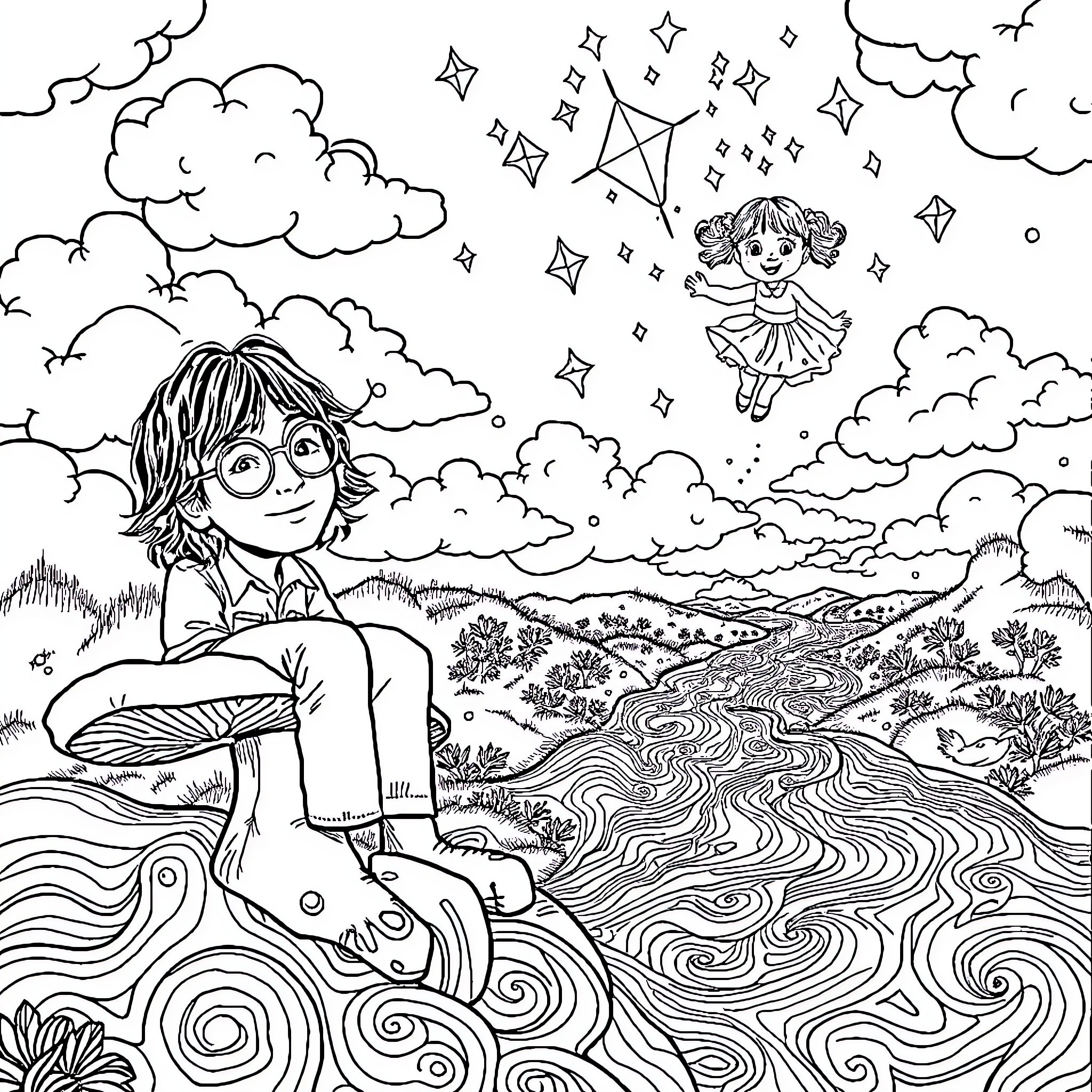 John Lennon's Whimsical Daydream Landscape Coloring Page (free black-and-white line drawing printable PDF for all, from beginners to advanced learners, including children, teens, adults, and seniors)