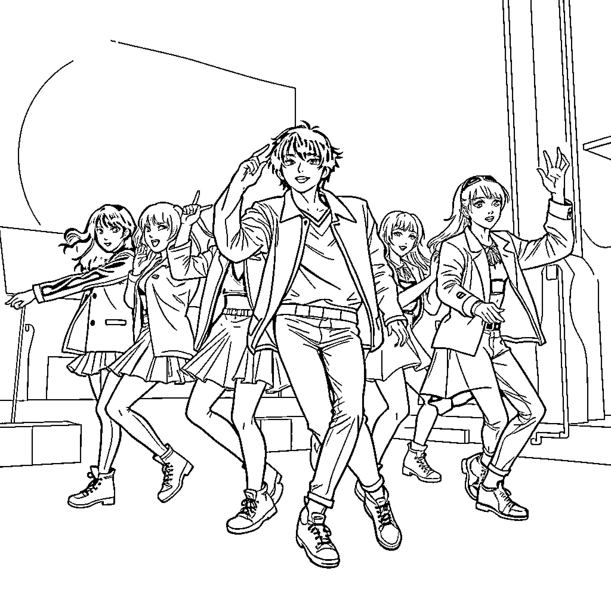 Kpop Performers Energetically Dancing on Stage Coloring Page (free black-and-white line drawing printable PDF for all, from beginners to advanced learners, including children, teens, adults, and seniors)