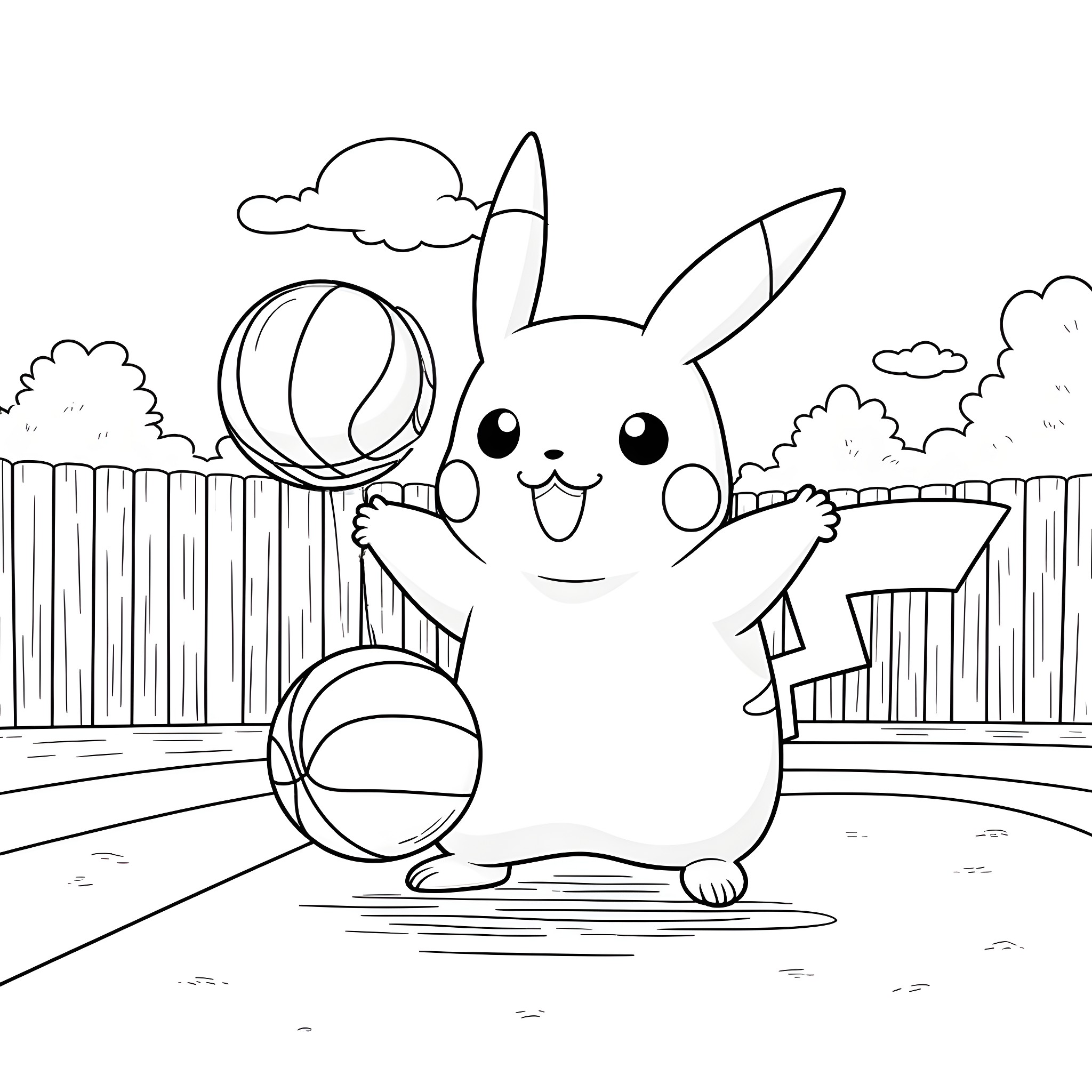 Pikachu playing joyfully with toys in the park Coloring Page (free black-and-white line drawing printable PDF for all, from beginners to advanced learners, including children, teens, adults, and seniors)