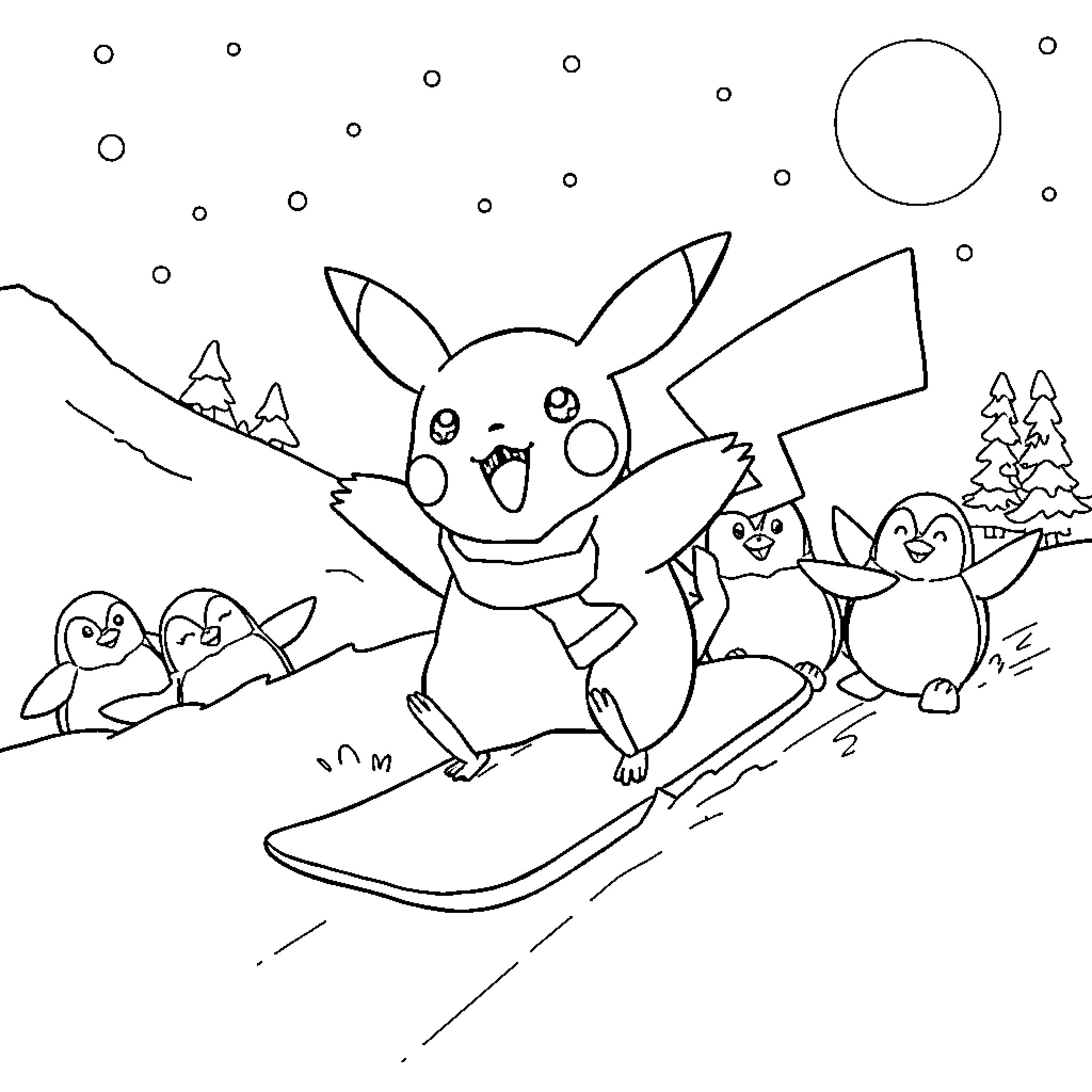 Pikachu snowboarding with penguin friends in the winter Coloring Page (free black-and-white line drawing printable PDF for all, from beginners to advanced learners, including children, teens, adults, and seniors)