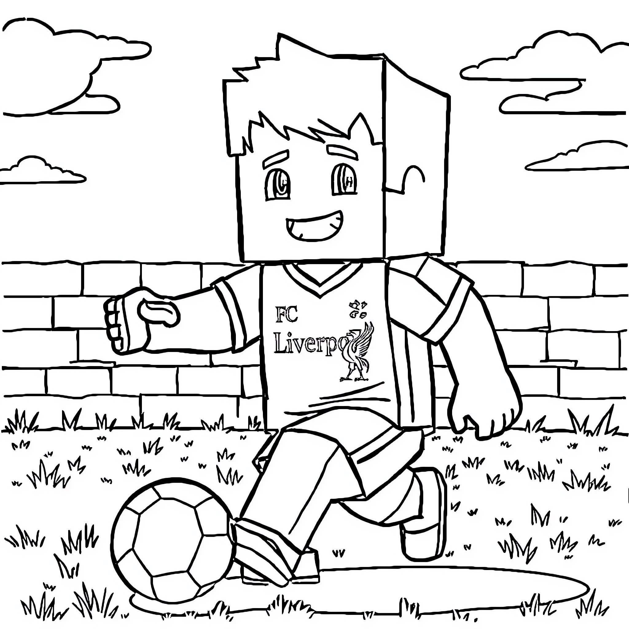 Steve playing football happily on the field Coloring Page (free black-and-white line drawing printable PDF for all, from beginners to advanced learners, including children, teens, adults, and seniors)