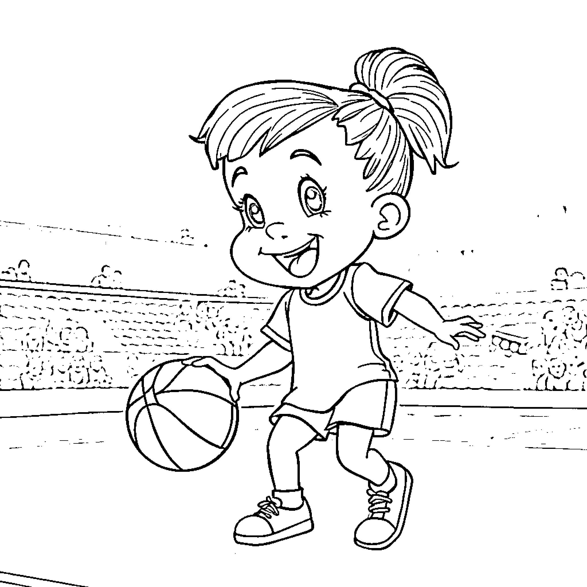 Nina playing happily with basketball on court Coloring Page (free black-and-white line drawing printable PDF for all, from beginners to advanced learners, including children, teens, adults, and seniors)