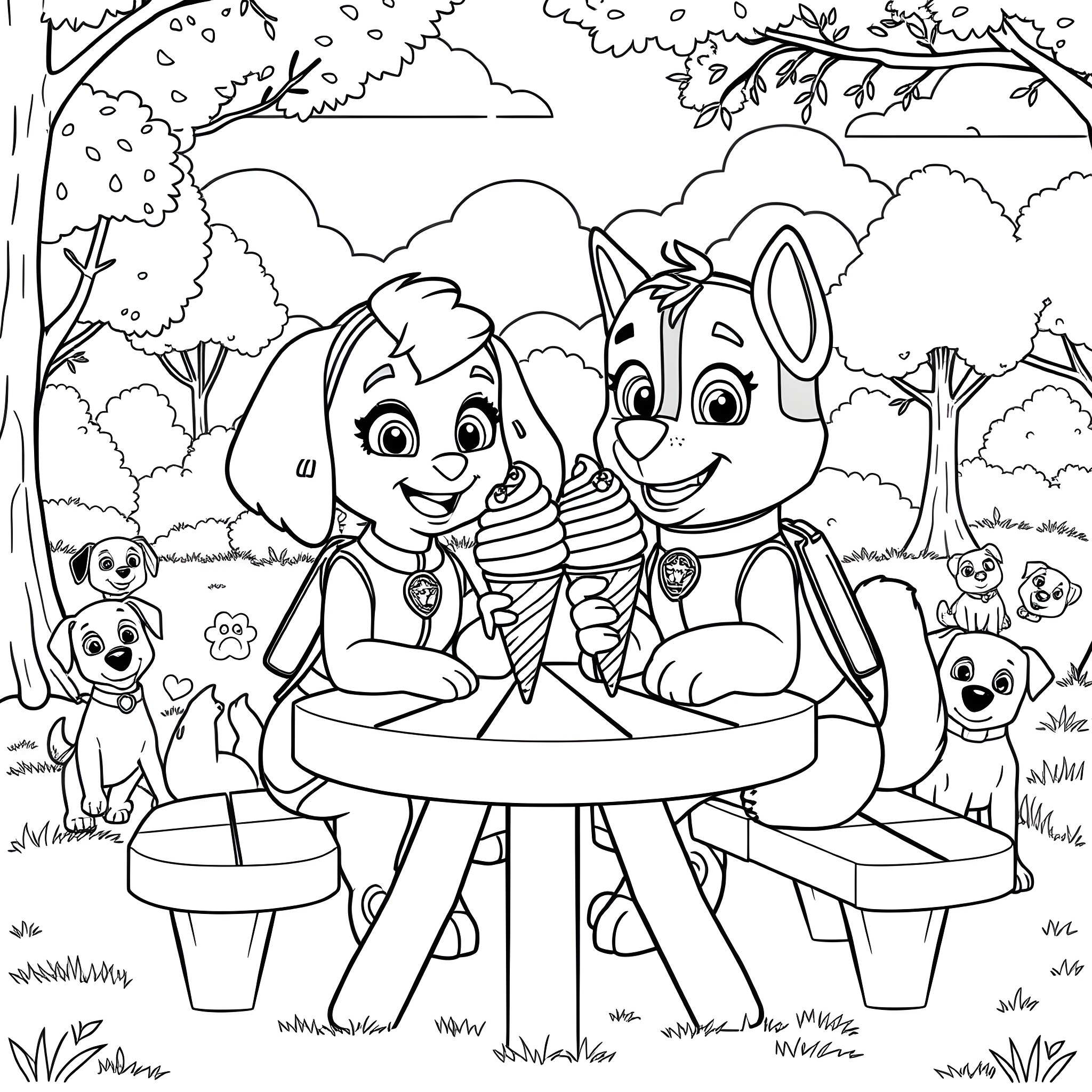 Paw Patrol Friends Enjoying Picnic in the Park Coloring Page (free black-and-white line drawing printable PDF for all, from beginners to advanced learners, including children, teens, adults, and seniors)