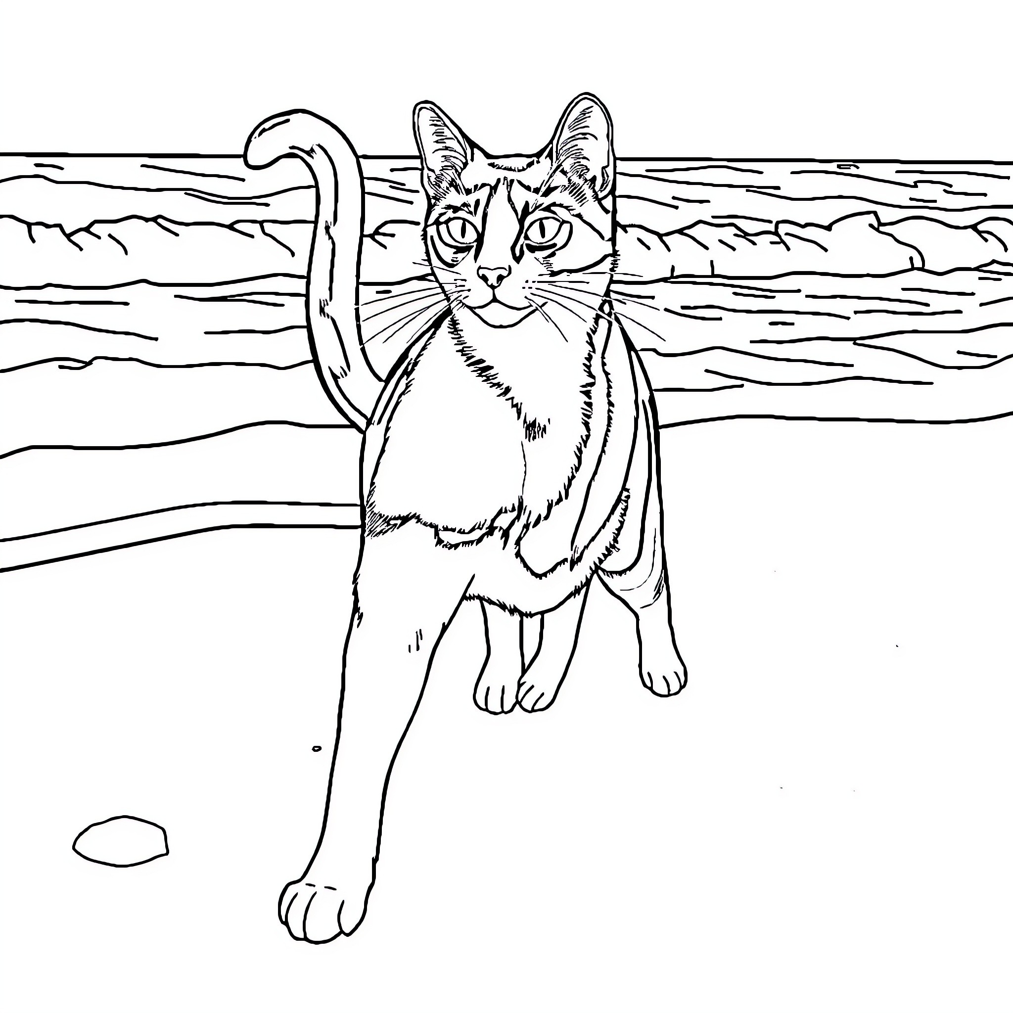 Cat exploring the outdoors on the beach Coloring Page (free black-and-white line drawing printable PDF for all, from beginners to advanced learners, including children, teens, adults, and seniors)