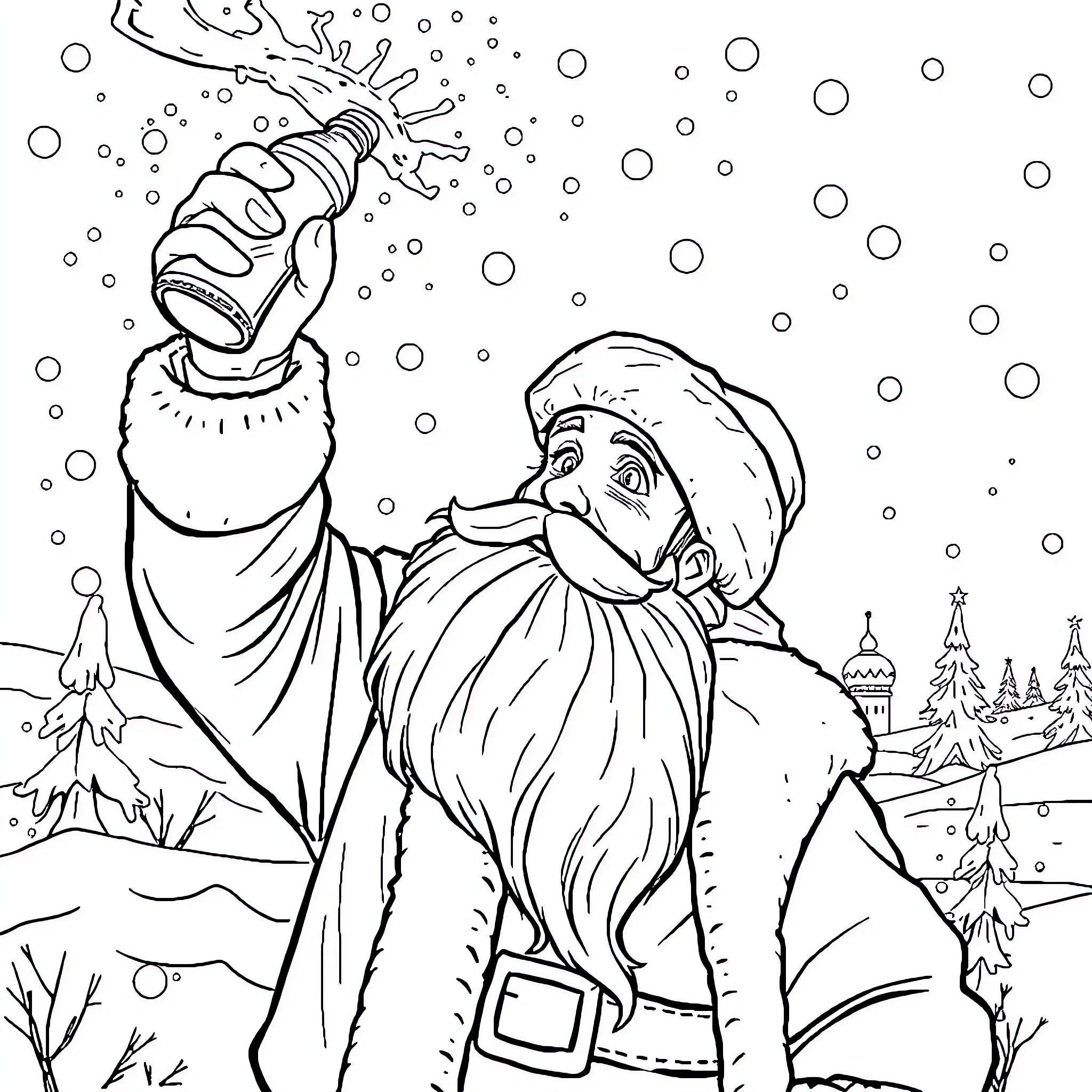 Chassid Blowing Festive Snow in Winter Landscape Coloring Page (free black-and-white line drawing printable PDF for all, from beginners to advanced learners, including children, teens, adults, and seniors)
