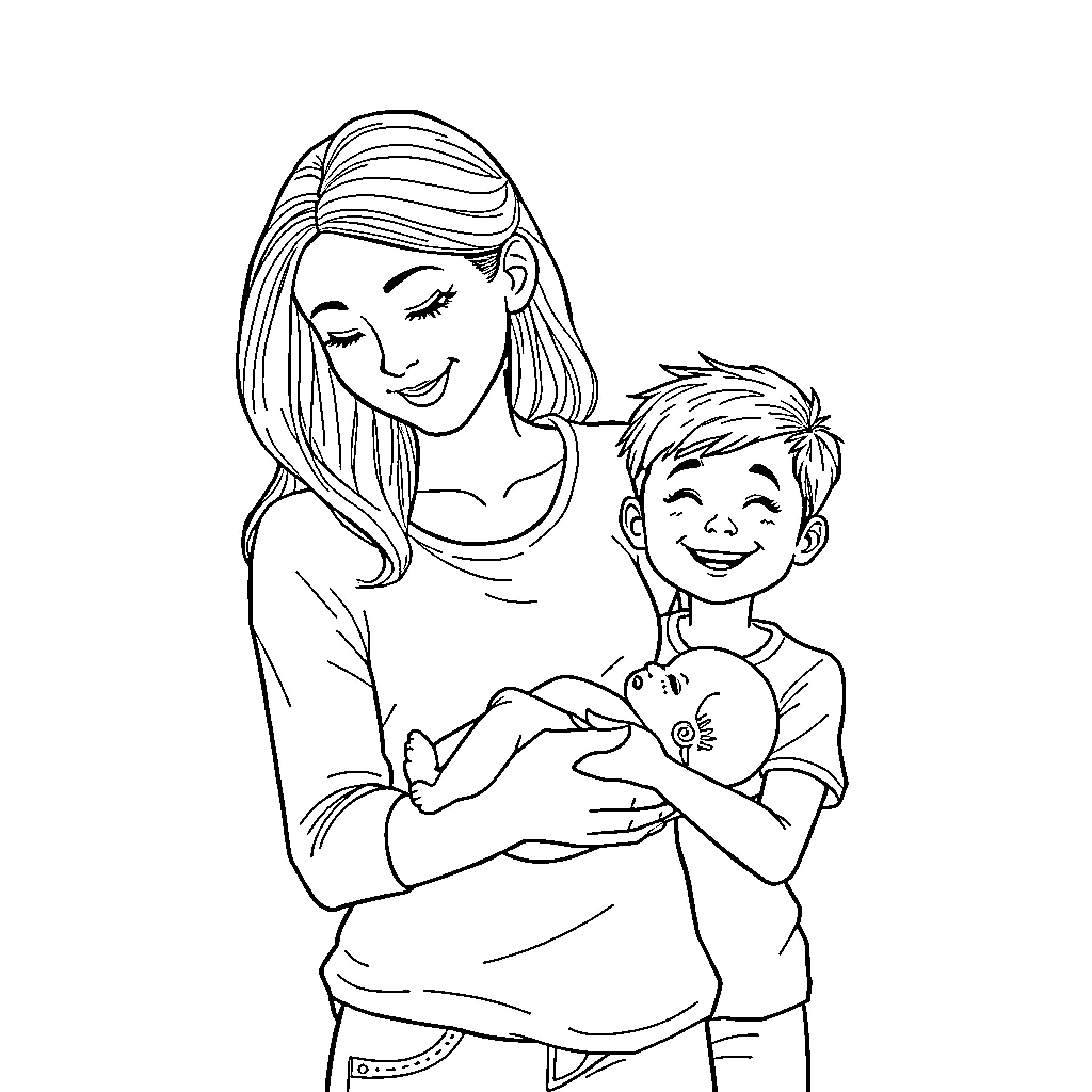 Woman smiling while embracing young boy Coloring Page (free black-and-white line drawing printable PDF for all, from beginners to advanced learners, including children, teens, adults, and seniors)