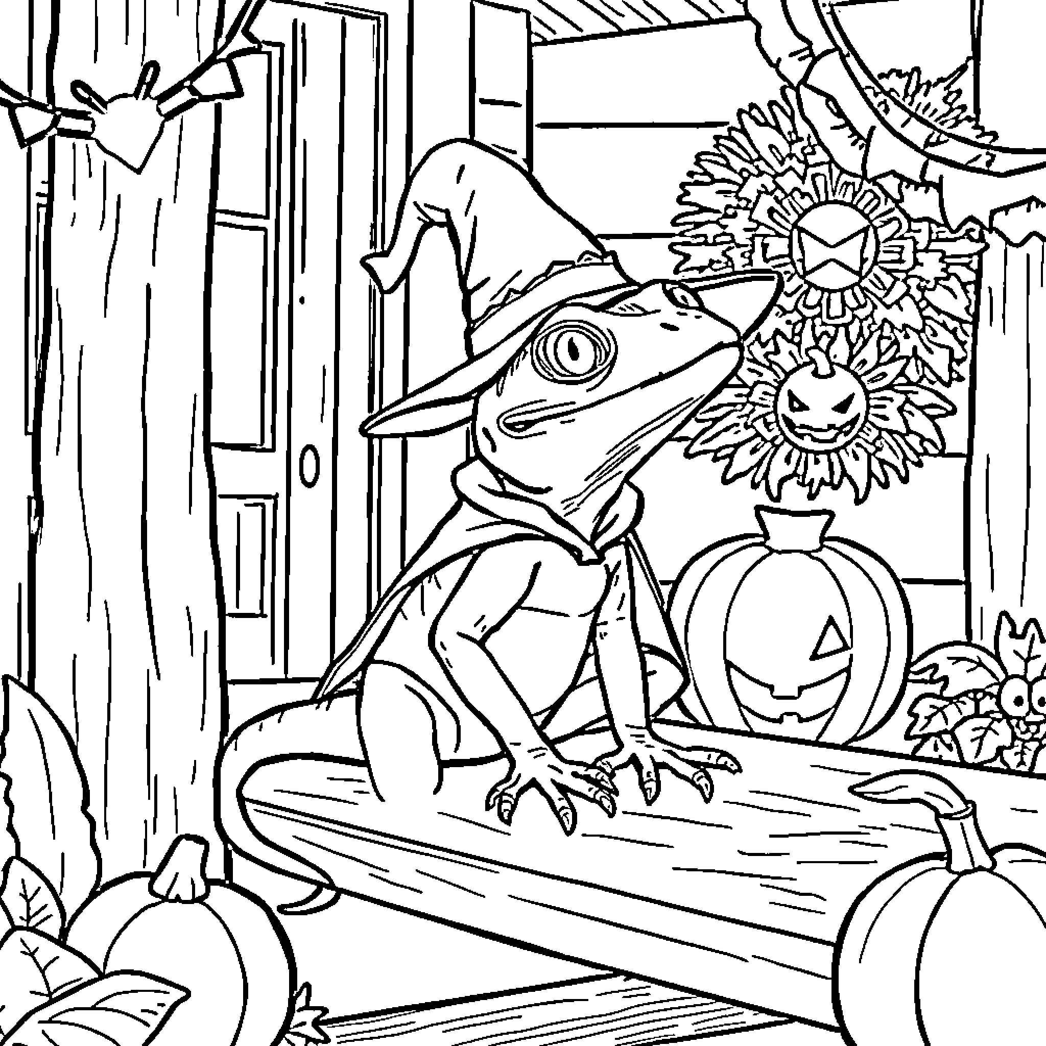Lizard exploring a spooky Halloween scene Coloring Page (free black-and-white line drawing printable PDF for all, from beginners to advanced learners, including children, teens, adults, and seniors)