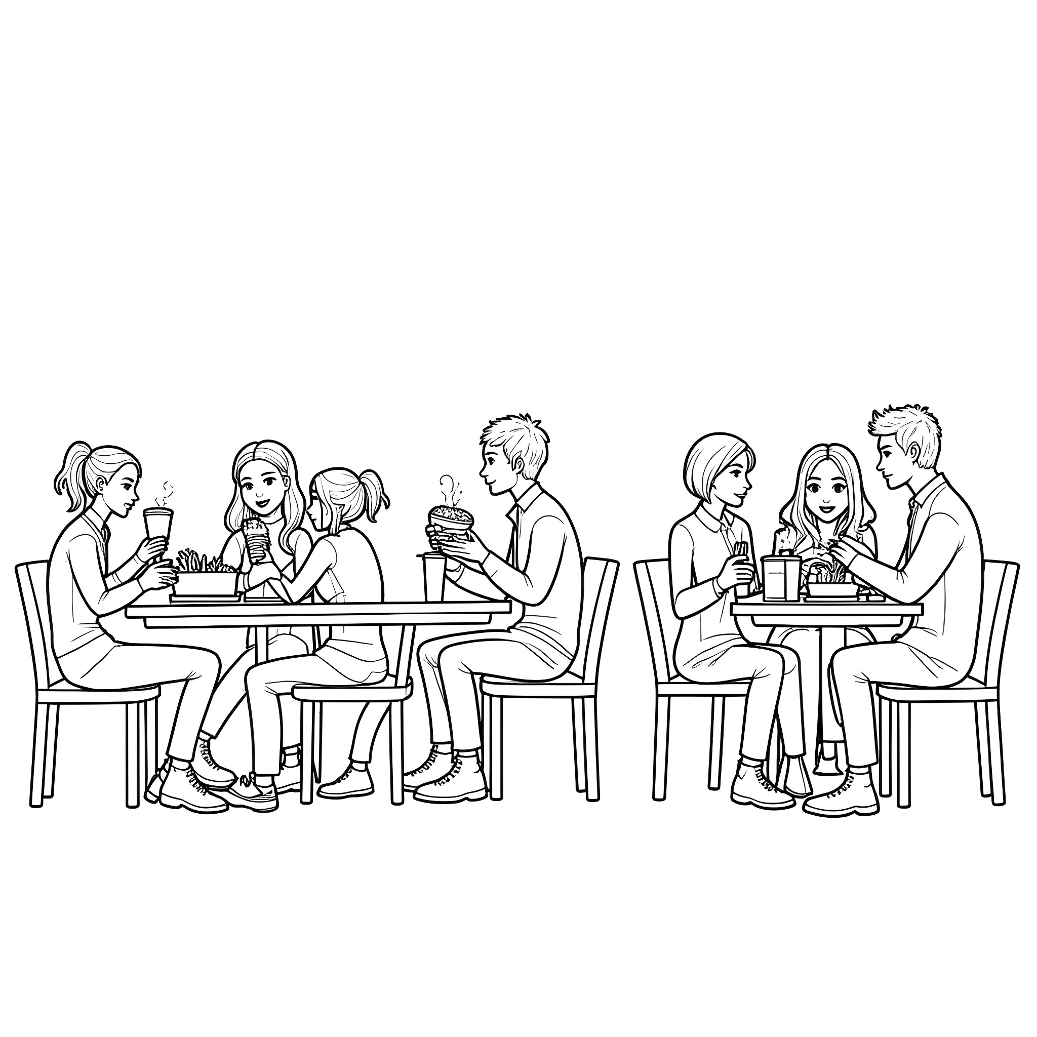 Hunger Games: Friends Enjoying Drinks and Conversation Coloring Page (free black-and-white line drawing printable PDF for all, from beginners to advanced learners, including children, teens, adults, and seniors)