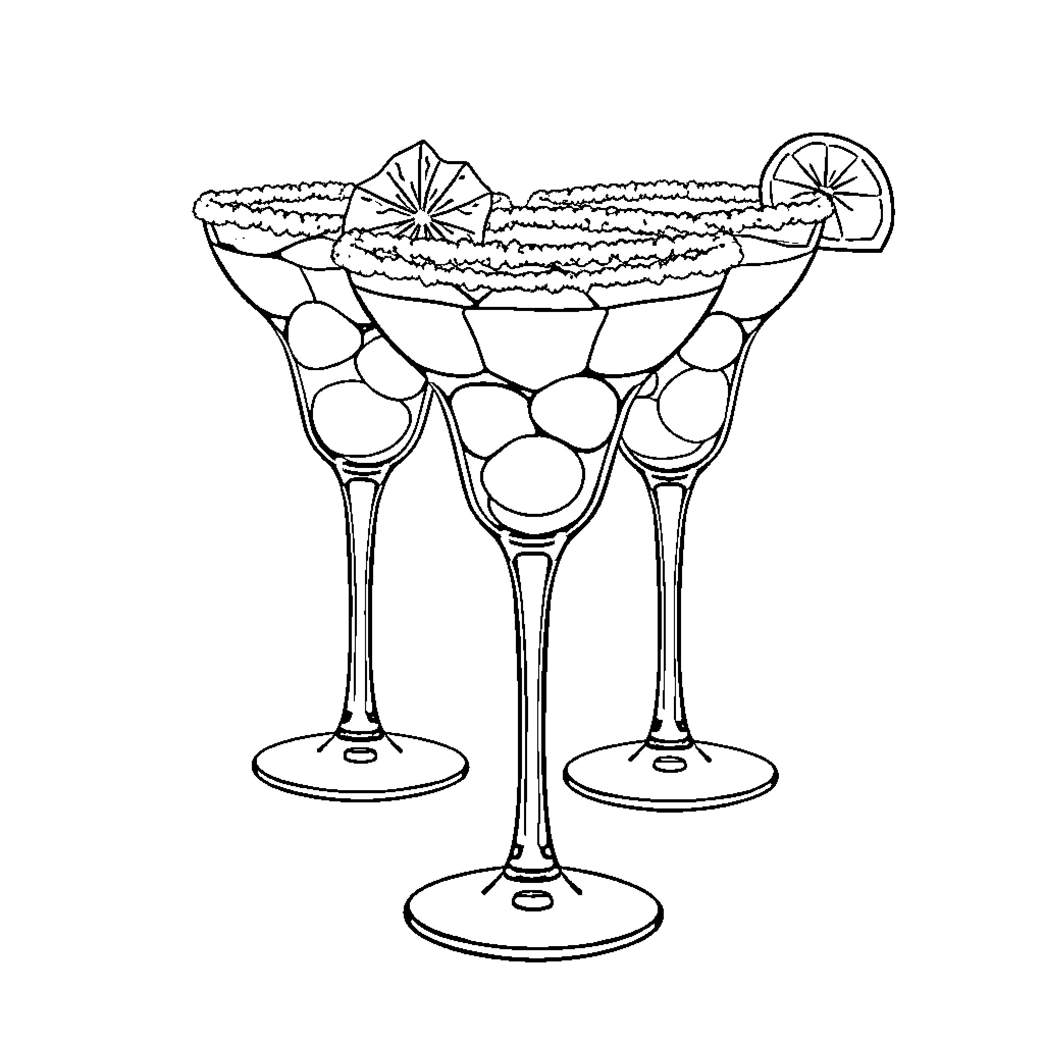 Margarita glasses with lemon garnish Coloring Page (free black-and-white line drawing printable PDF for all, from beginners to advanced learners, including children, teens, adults, and seniors)