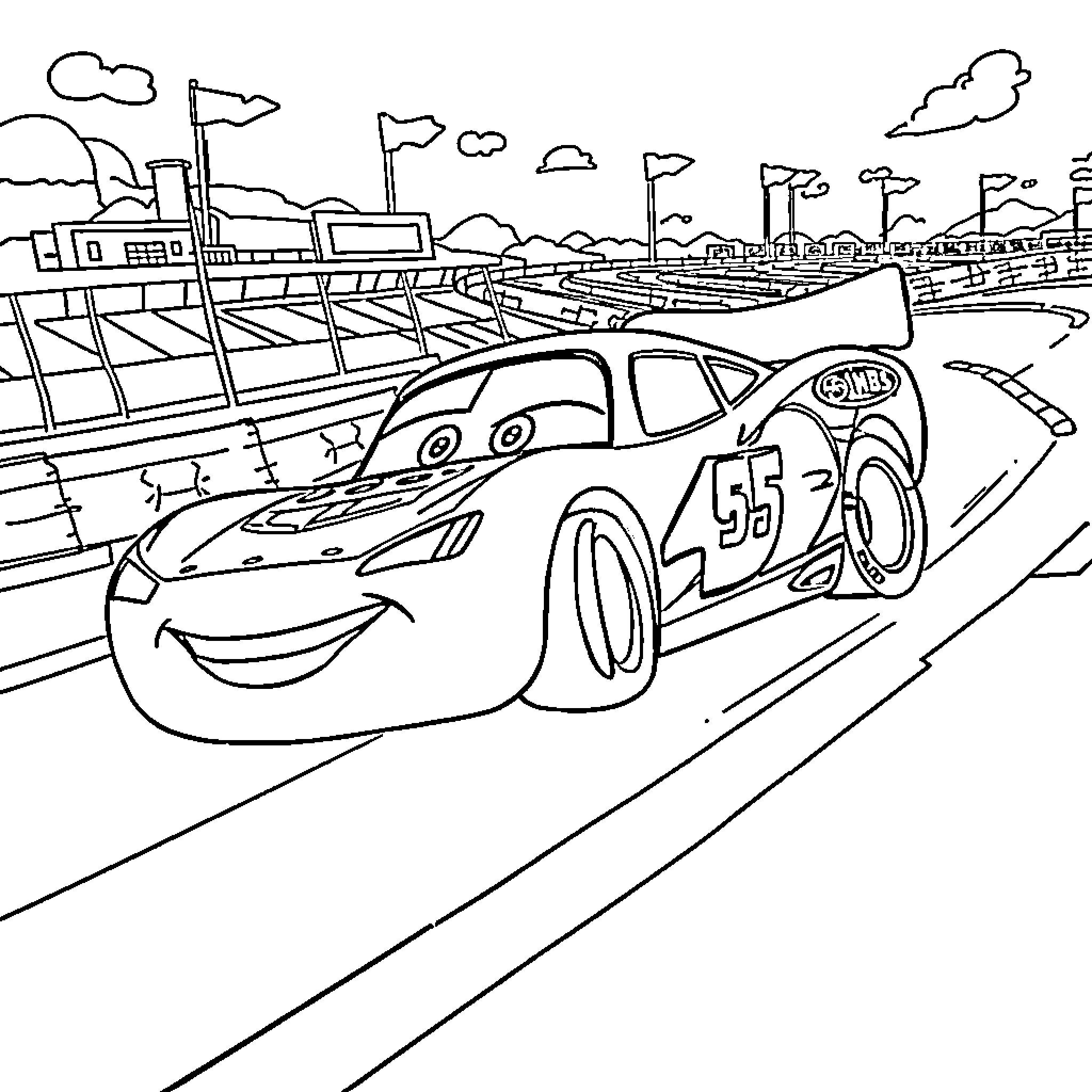 Lightning McQueen racing through the track Coloring Page (free black-and-white line drawing printable PDF for all, from beginners to advanced learners, including children, teens, adults, and seniors)