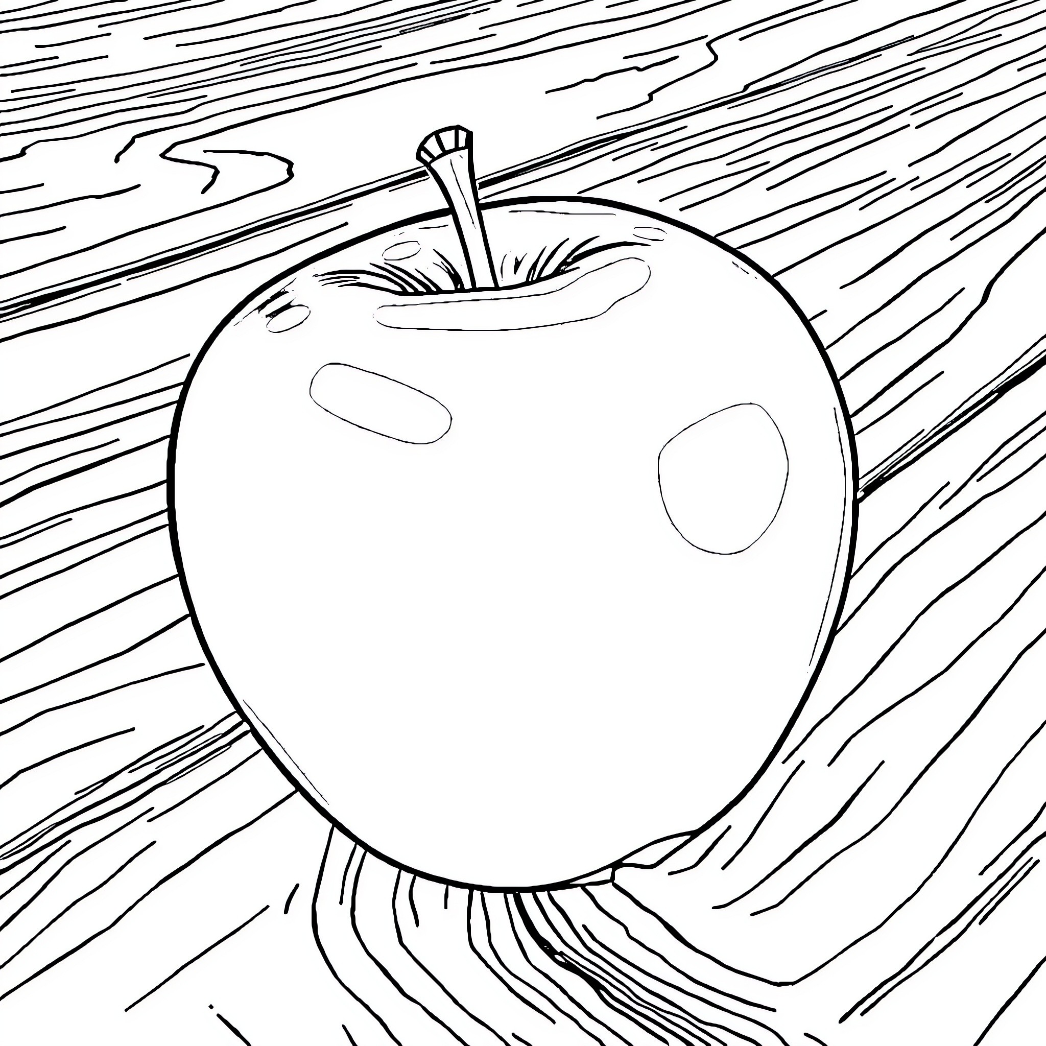 Apple on a Wooden Surface Coloring Page (free black-and-white line drawing printable PDF for all, from beginners to advanced learners, including children, teens, adults, and seniors)