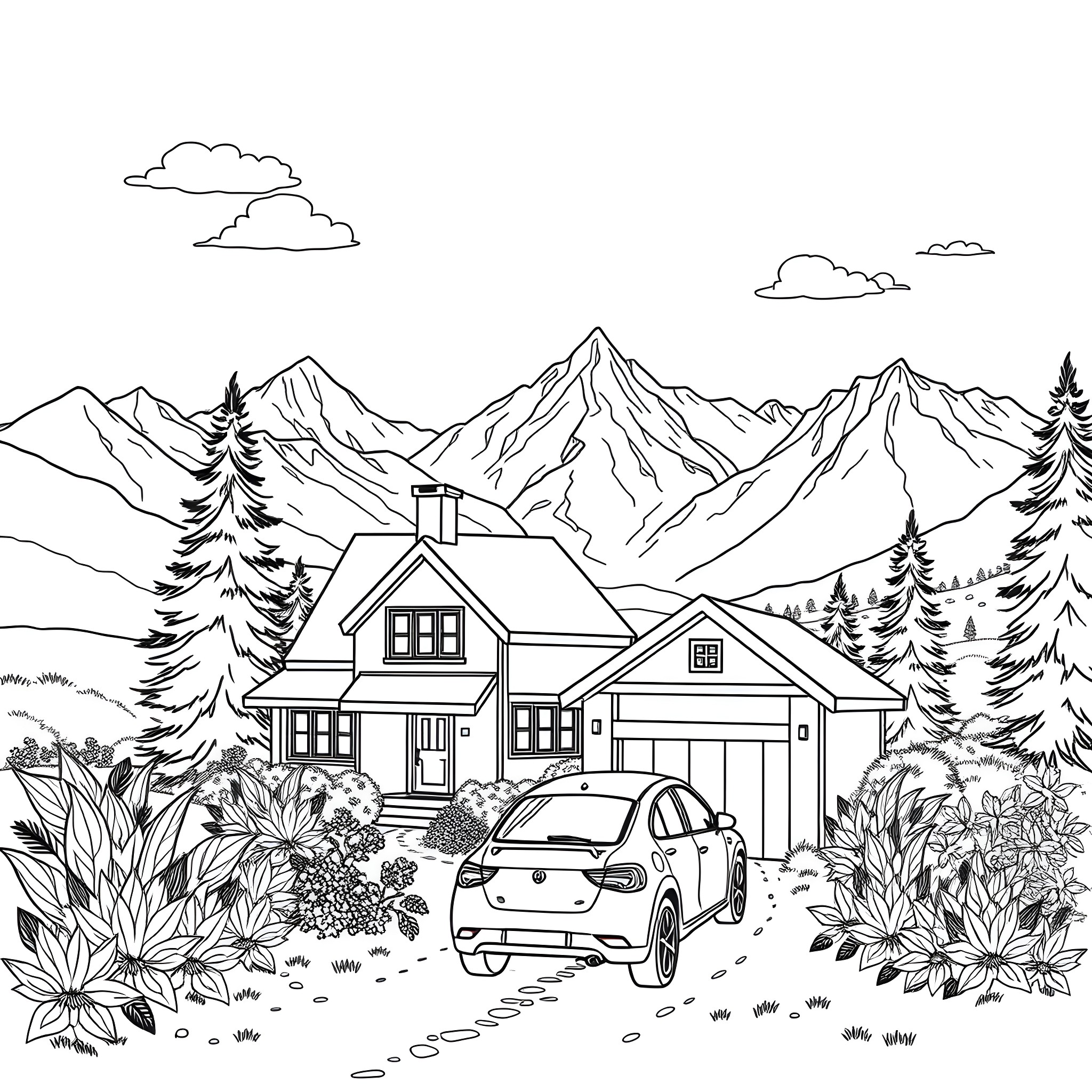 Home in the serene mountain landscape Coloring Page (free black-and-white line drawing printable PDF for all, from beginners to advanced learners, including children, teens, adults, and seniors)