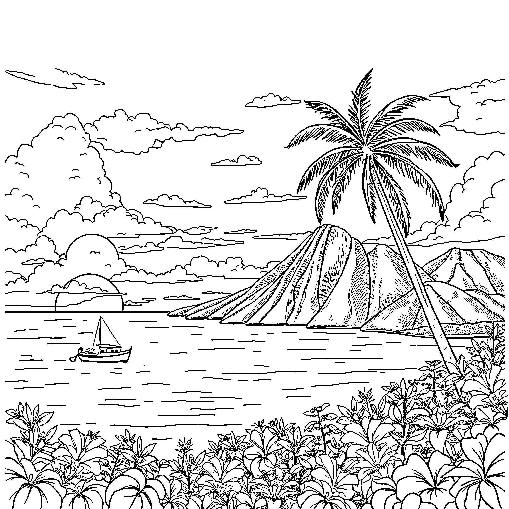 Martinique's Tropical Landscape and Seascape Coloring Page (free black-and-white line drawing printable PDF for all, from beginners to advanced learners, including children, teens, adults, and seniors)