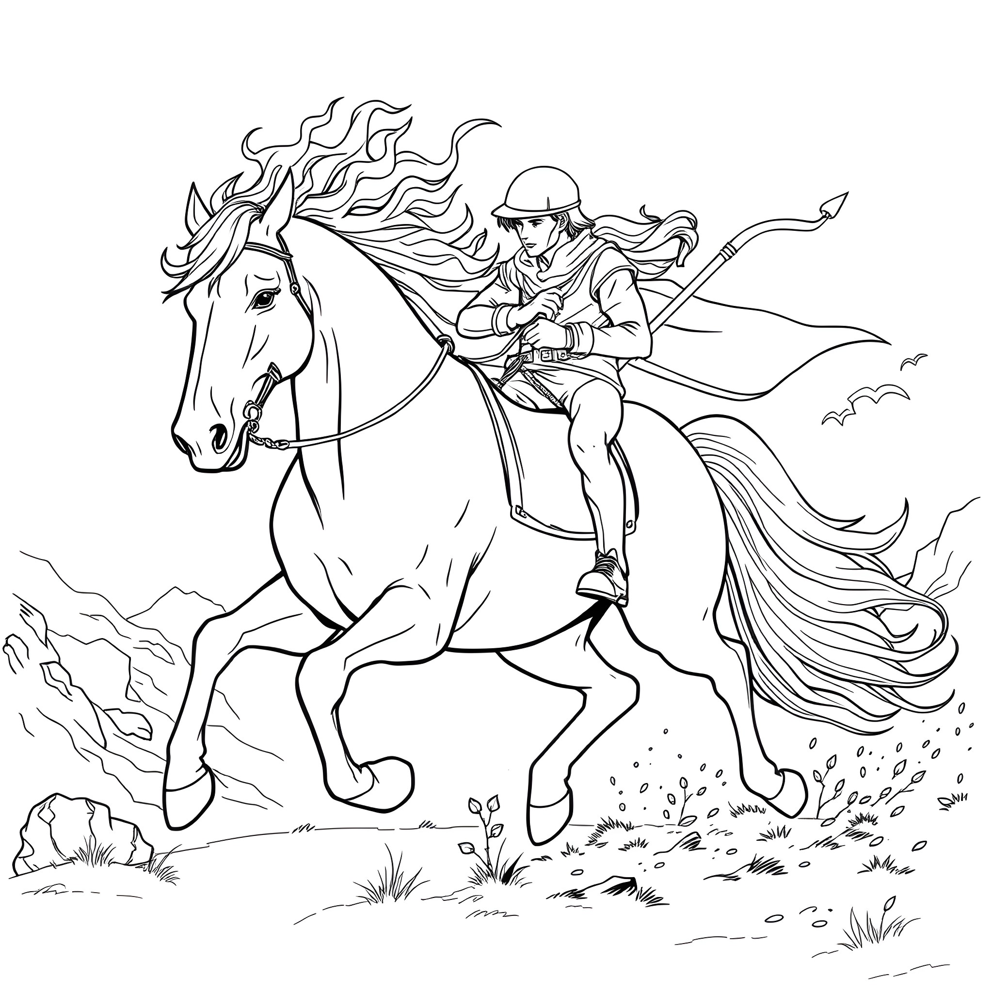 Horse and rider galloping through the countryside Coloring Page (free black-and-white line drawing printable PDF for all, from beginners to advanced learners, including children, teens, adults, and seniors)