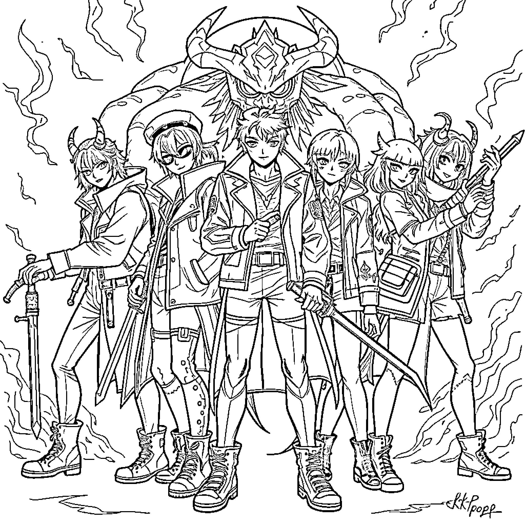 Demon Hunter Warriors in Action-Packed Scene Coloring Page (free black-and-white line drawing printable PDF for all, from beginners to advanced learners, including children, teens, adults, and seniors)