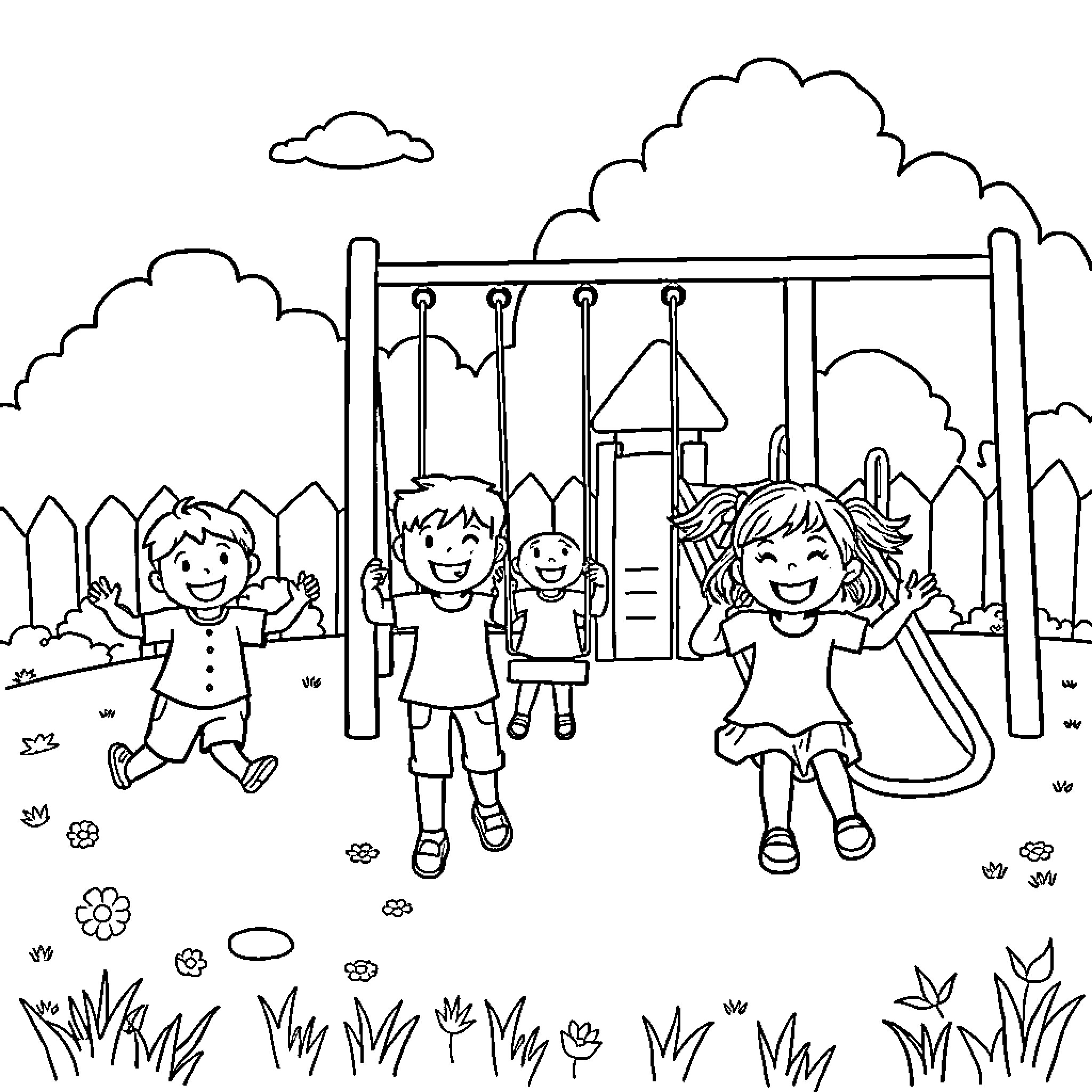 Kid's Joyful Playtime at the Park Playground Coloring Page (free black-and-white line drawing printable PDF for all, from beginners to advanced learners, including children, teens, adults, and seniors)