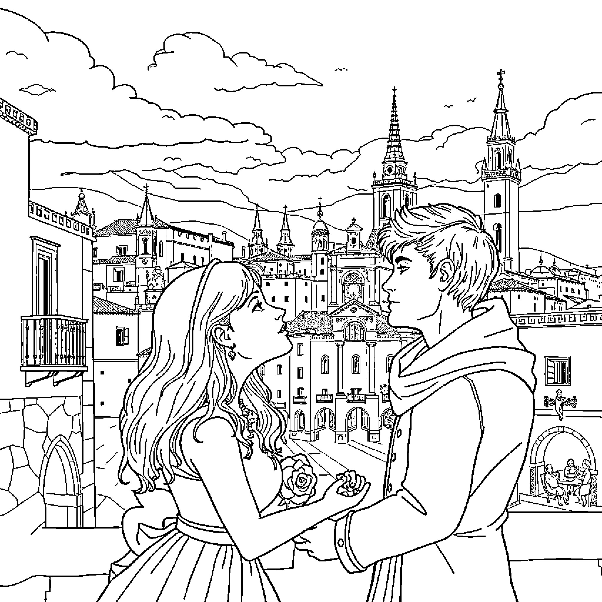 Los Amantes de Teruel: Couple Embracing in Historic City Coloring Page (free black-and-white line drawing printable PDF for all, from beginners to advanced learners, including children, teens, adults, and seniors)