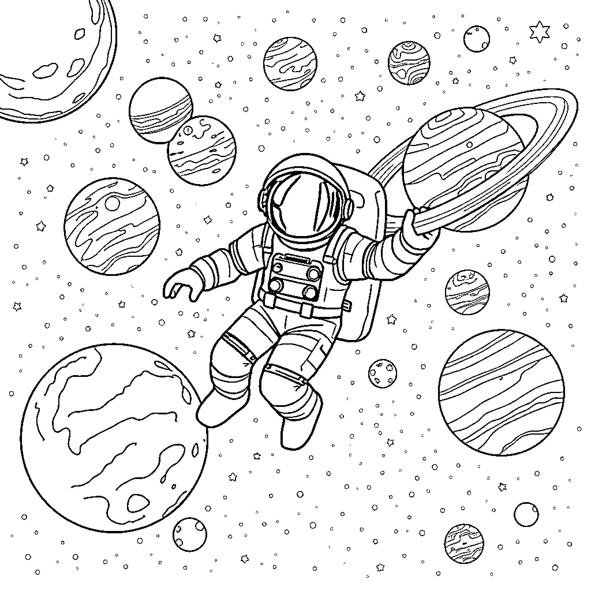 Astronaut floating among the planets Coloring Page (free black-and-white line drawing printable PDF for all, from beginners to advanced learners, including children, teens, adults, and seniors)