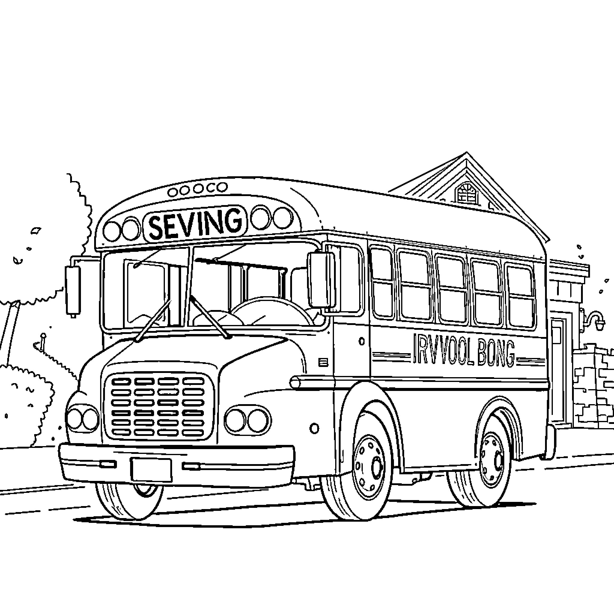 Bus transporting workers to sewing factory Coloring Page (free black-and-white line drawing printable PDF for all, from beginners to advanced learners, including children, teens, adults, and seniors)