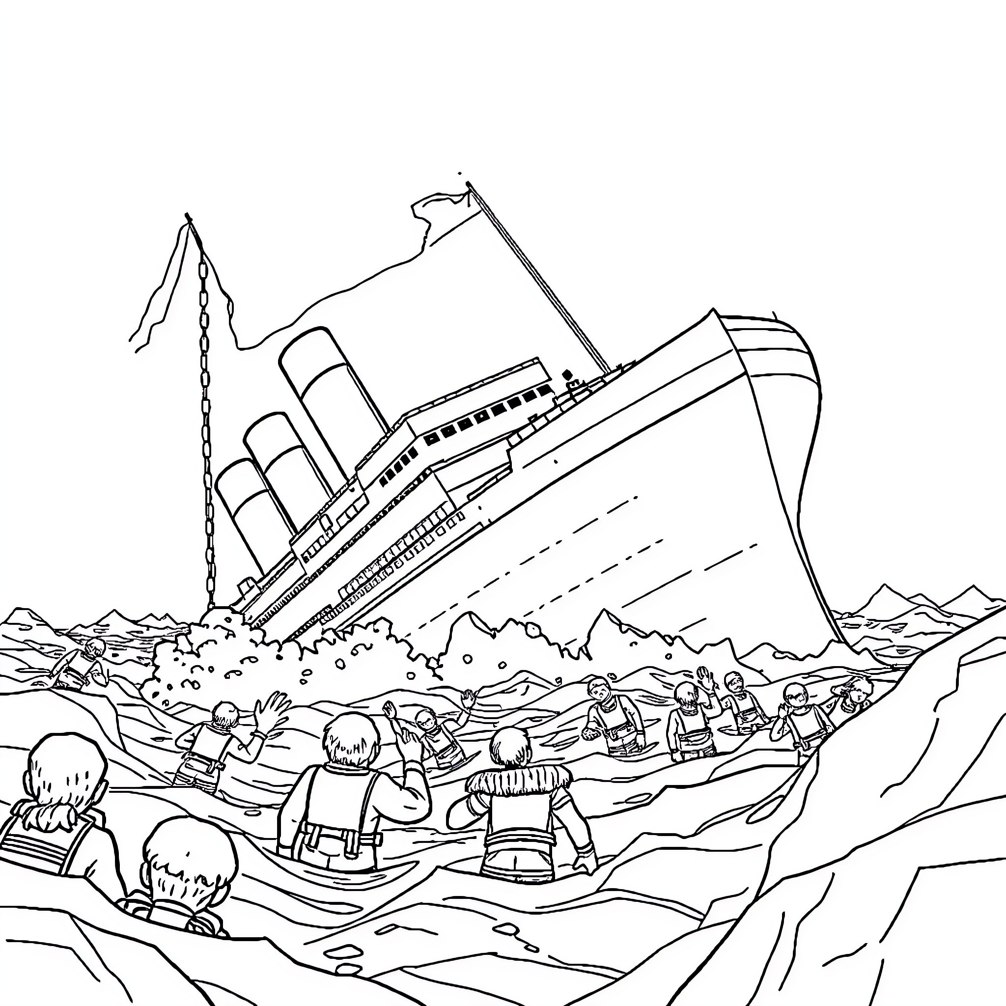 Titanic ship sinking with people evacuating Coloring Page (free black-and-white line drawing printable PDF for all, from beginners to advanced learners, including children, teens, adults, and seniors)