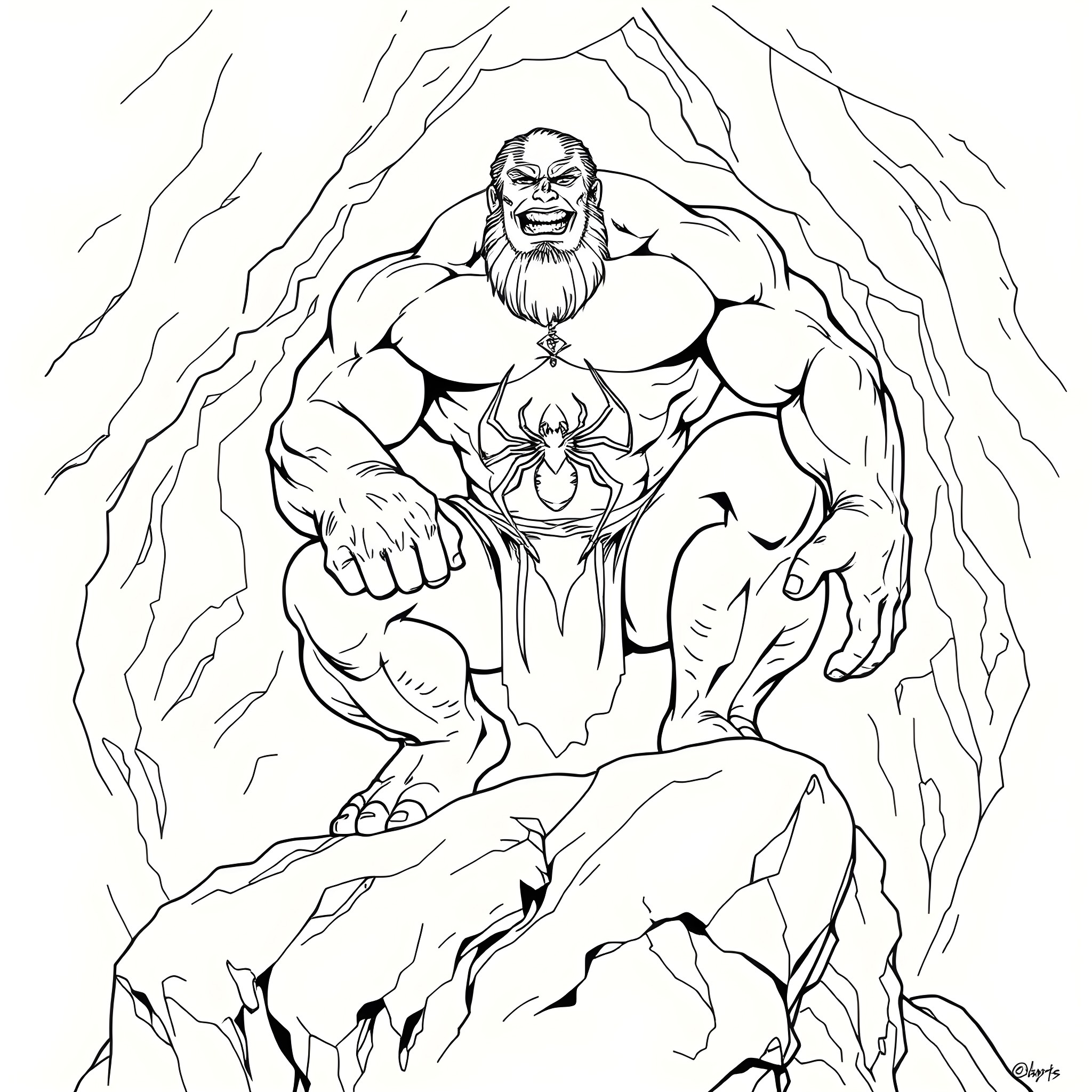 Hulk Emerging from the Cavern Coloring Page (free black-and-white line drawing printable PDF for all, from beginners to advanced learners, including children, teens, adults, and seniors)
