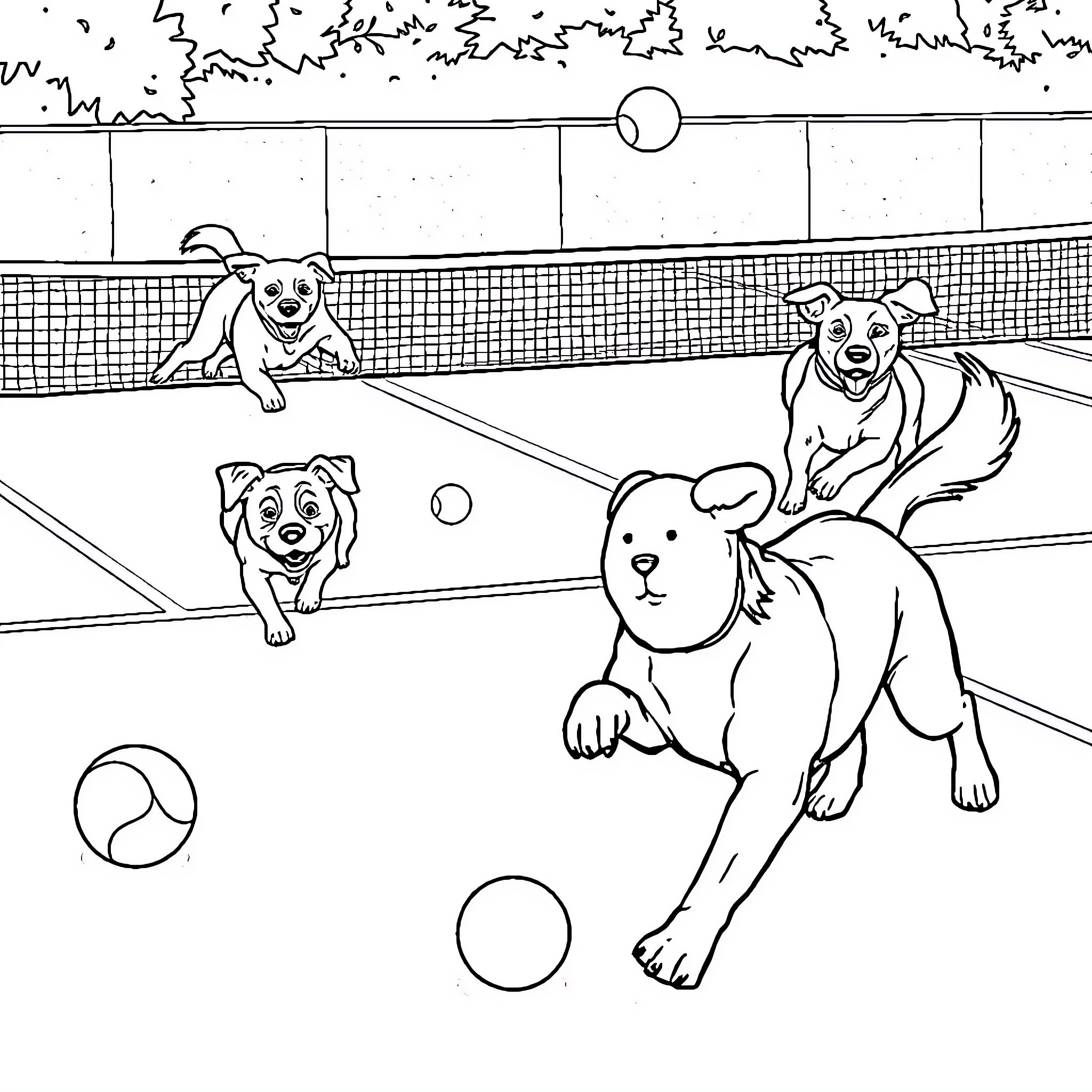 Dogs playing joyfully on tennis court Coloring Page (free black-and-white line drawing printable PDF for all, from beginners to advanced learners, including children, teens, adults, and seniors)