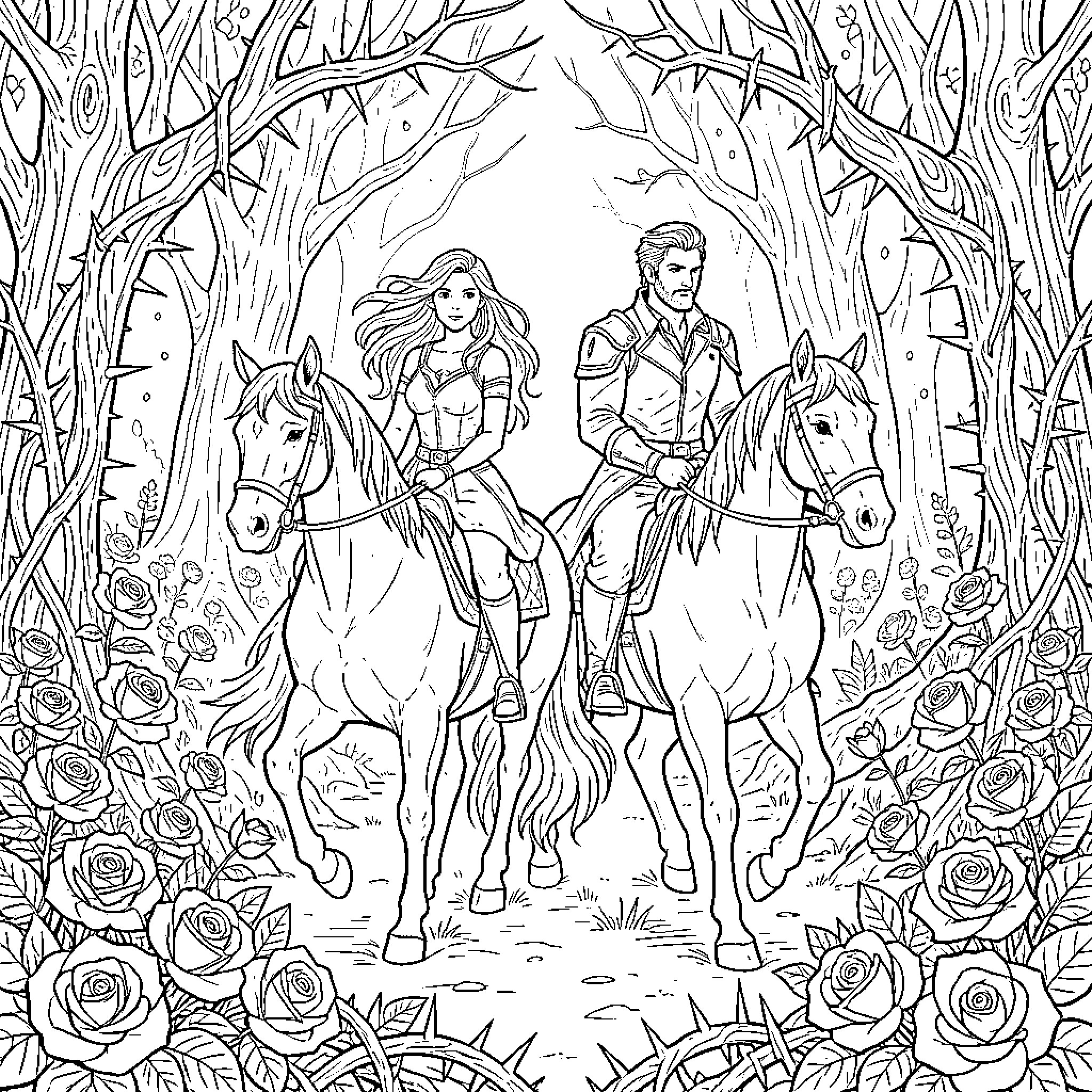 Feyre's Magical Adventure with Rhysand through the Enchanted Forest Coloring Page (free black-and-white line drawing printable PDF for all, from beginners to advanced learners, including children, teens, adults, and seniors)