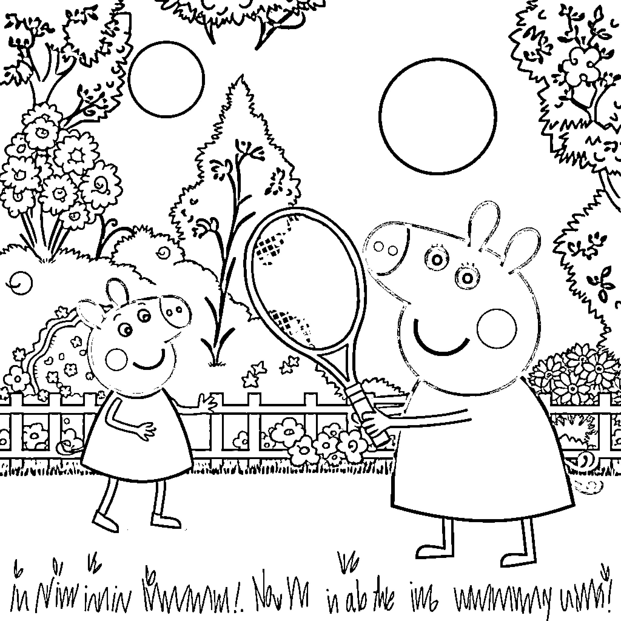 Peppa Pig and Friends Exploring the Outdoors Coloring Page (free black-and-white line drawing printable PDF for all, from beginners to advanced learners, including children, teens, adults, and seniors)