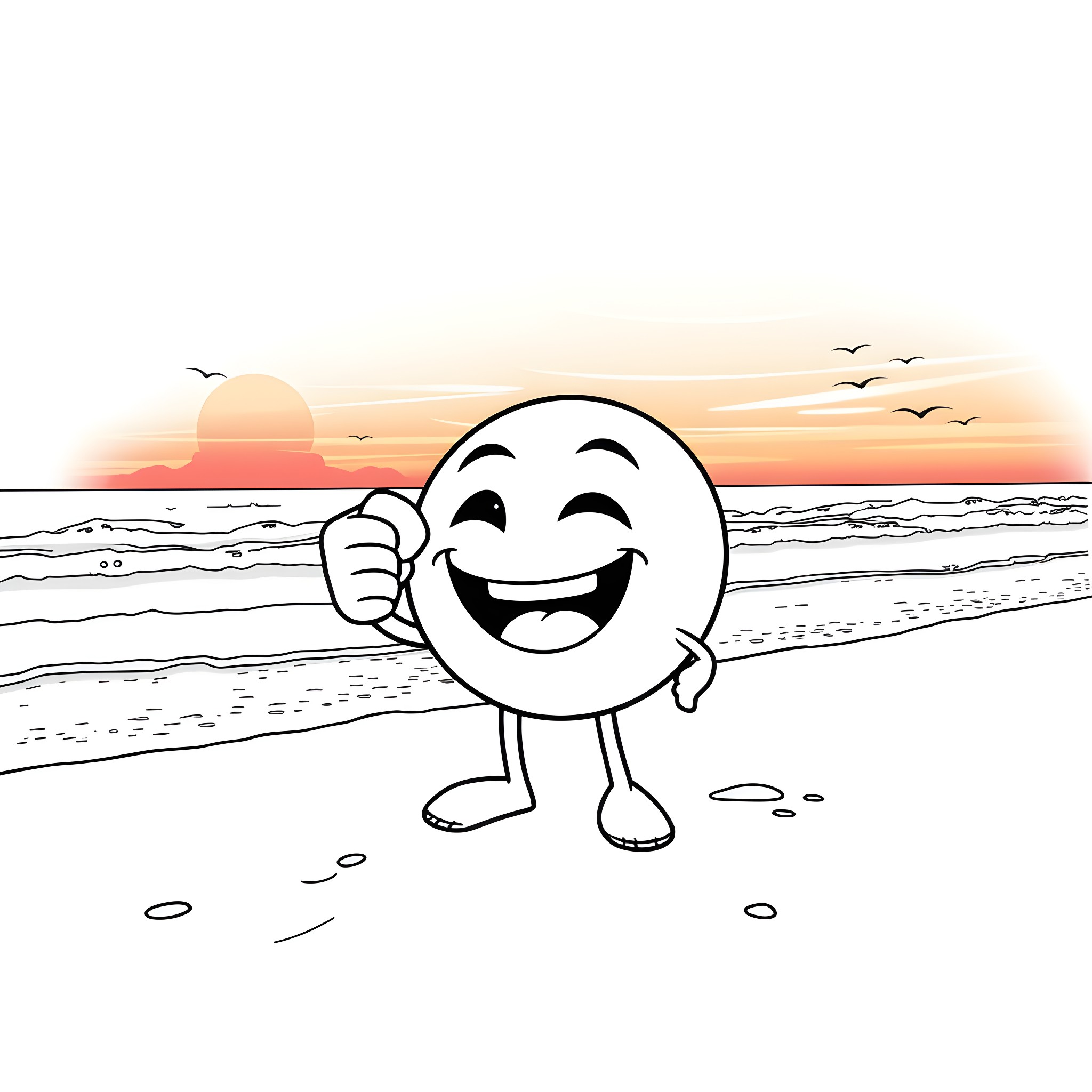 Throat Punch Emoji Enjoying a Sunset Beach Scene Coloring Page (free black-and-white line drawing printable PDF for all, from beginners to advanced learners, including children, teens, adults, and seniors)